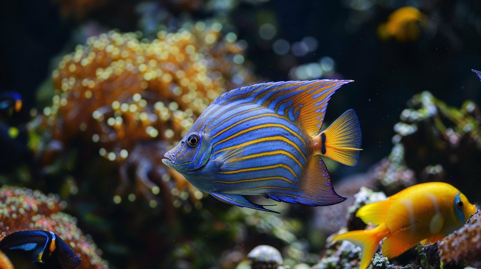 HD wallpaper featuring a vibrant tropical fish swimming underwater among colorful coral.