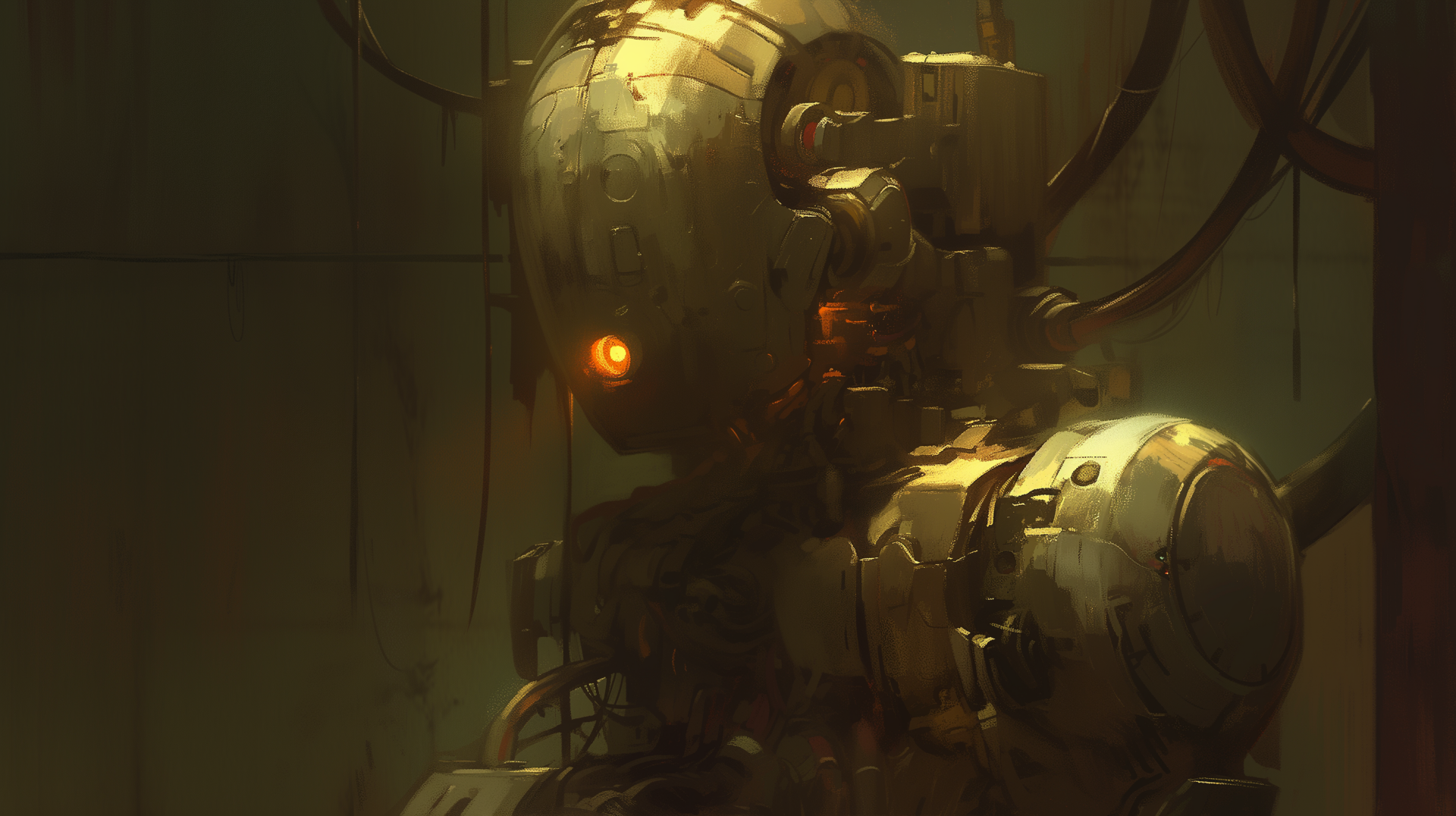 HD desktop wallpaper of a detailed sci-fi robot with glowing red eyes, designed in a shadowy, atmospheric setting.