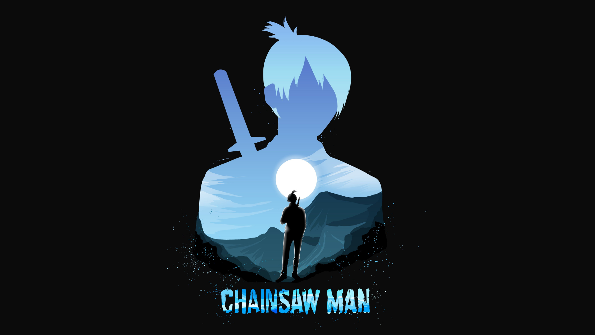 4K Ultra HD Chainsaw Man PC wallpaper featuring Aki Hayakawa's silhouette with a sword against a mountainous landscape and glowing moon background.