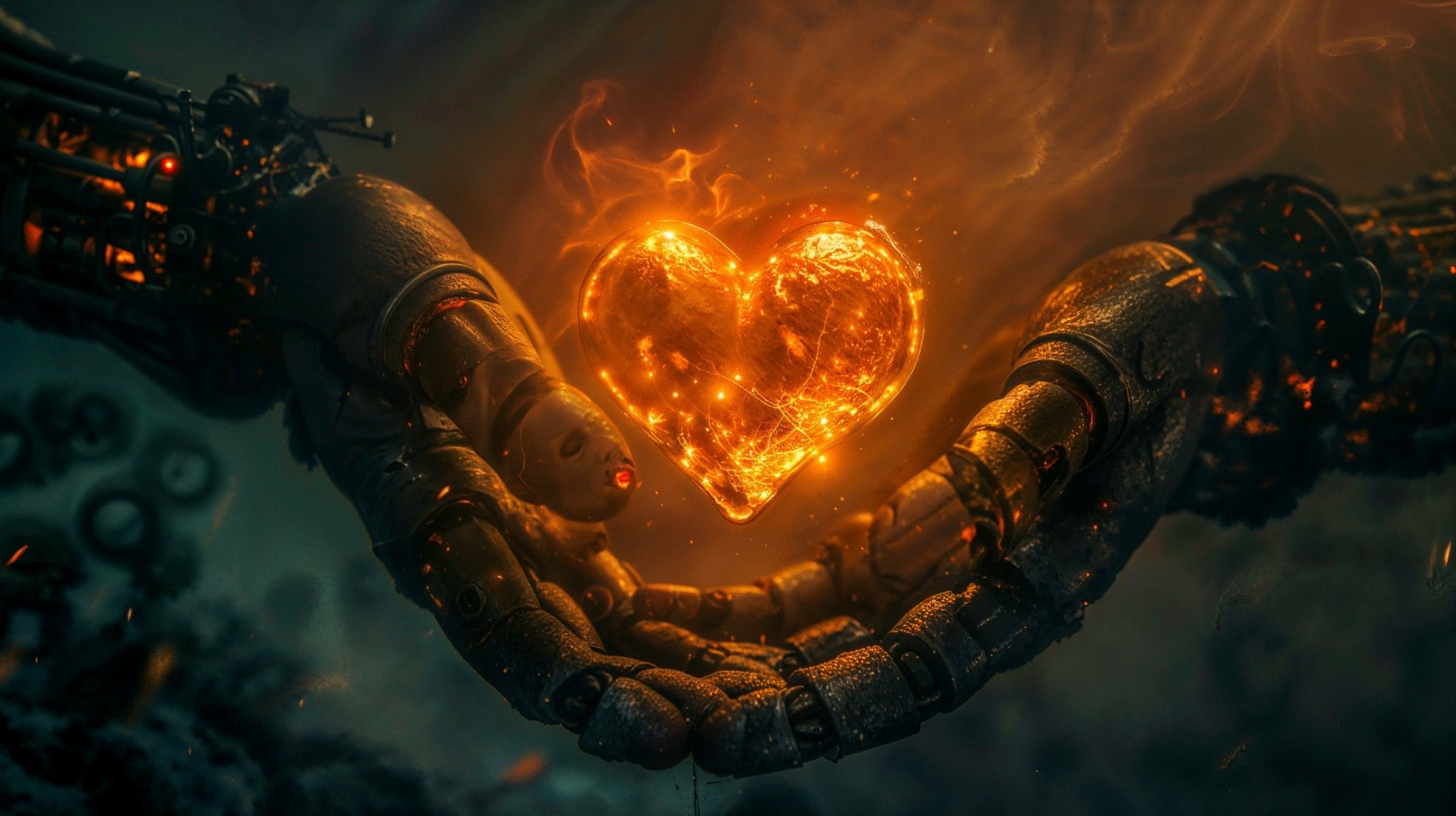 HD wallpaper of two robotic hands holding a glowing heart amidst a smoke-filled background.
