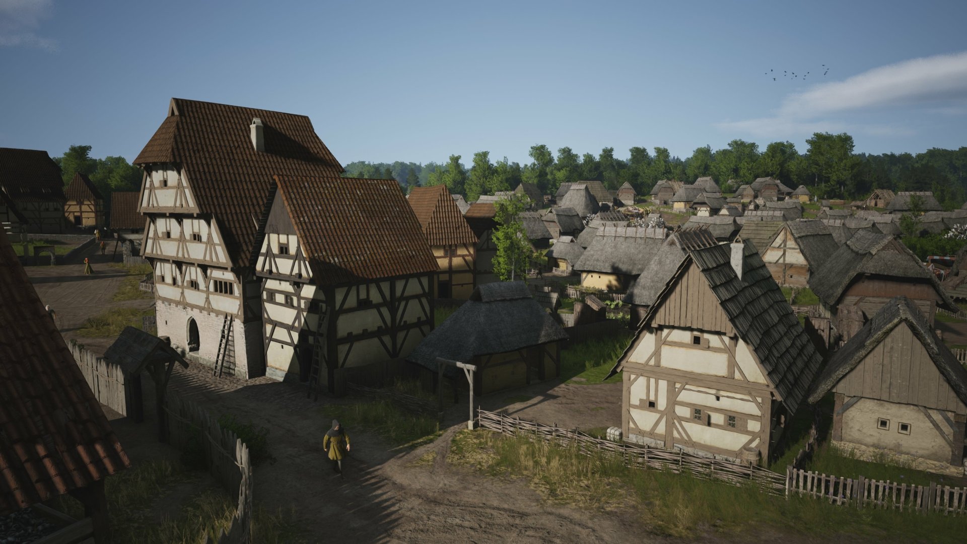 HD desktop wallpaper from the video game Manor Lords depicting a detailed medieval village with timber-framed houses and a dirt road.