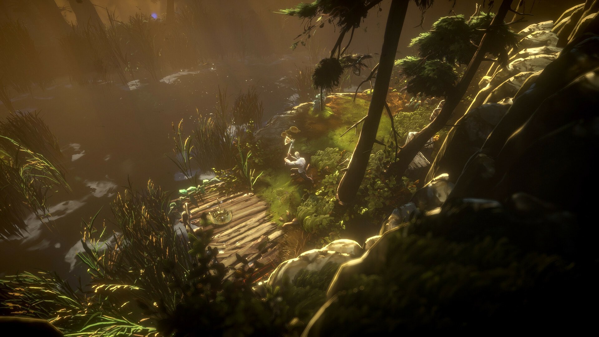 HD desktop wallpaper from the video game No Rest for the Wicked, featuring a serene, sunlit forest scene with lush greenery and a character on a wooden path.