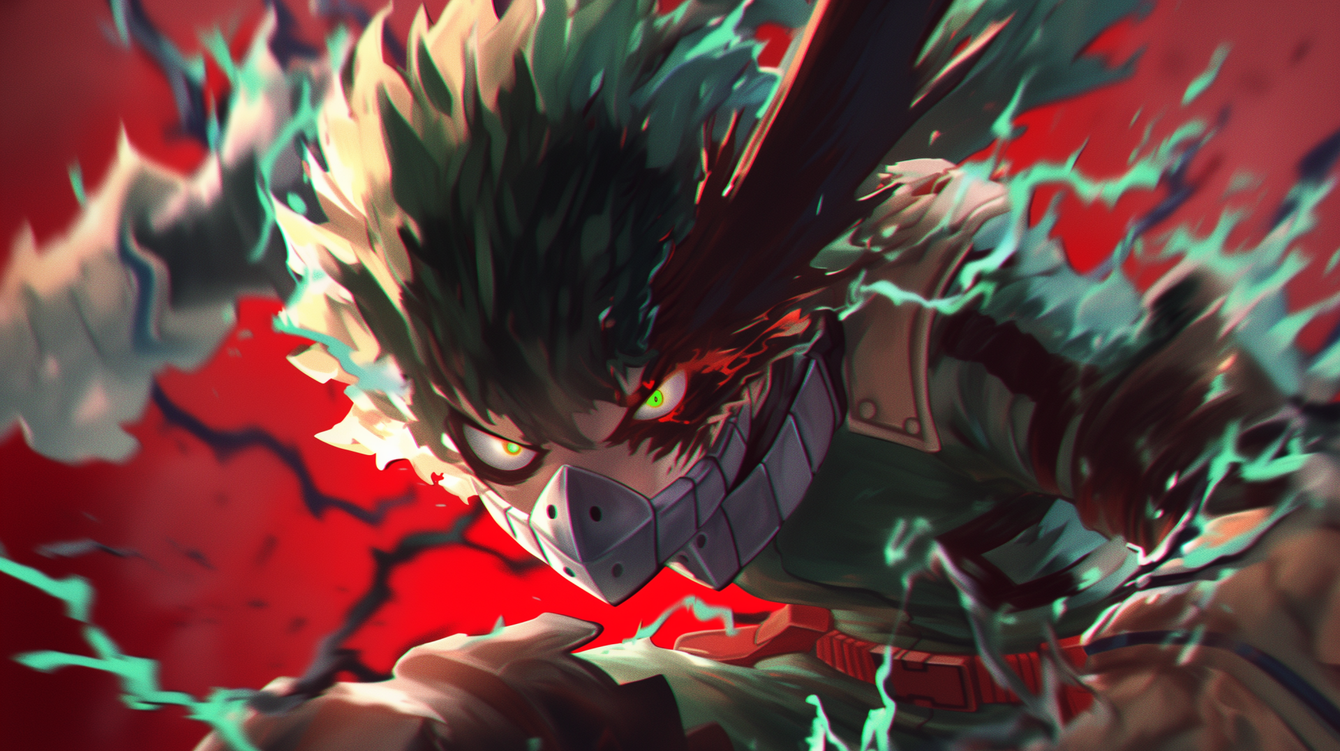 HD desktop wallpaper featuring Dark Deku (Izuku Midoriya) from My Hero Academia, depicted in an intense, fiery battle scene.