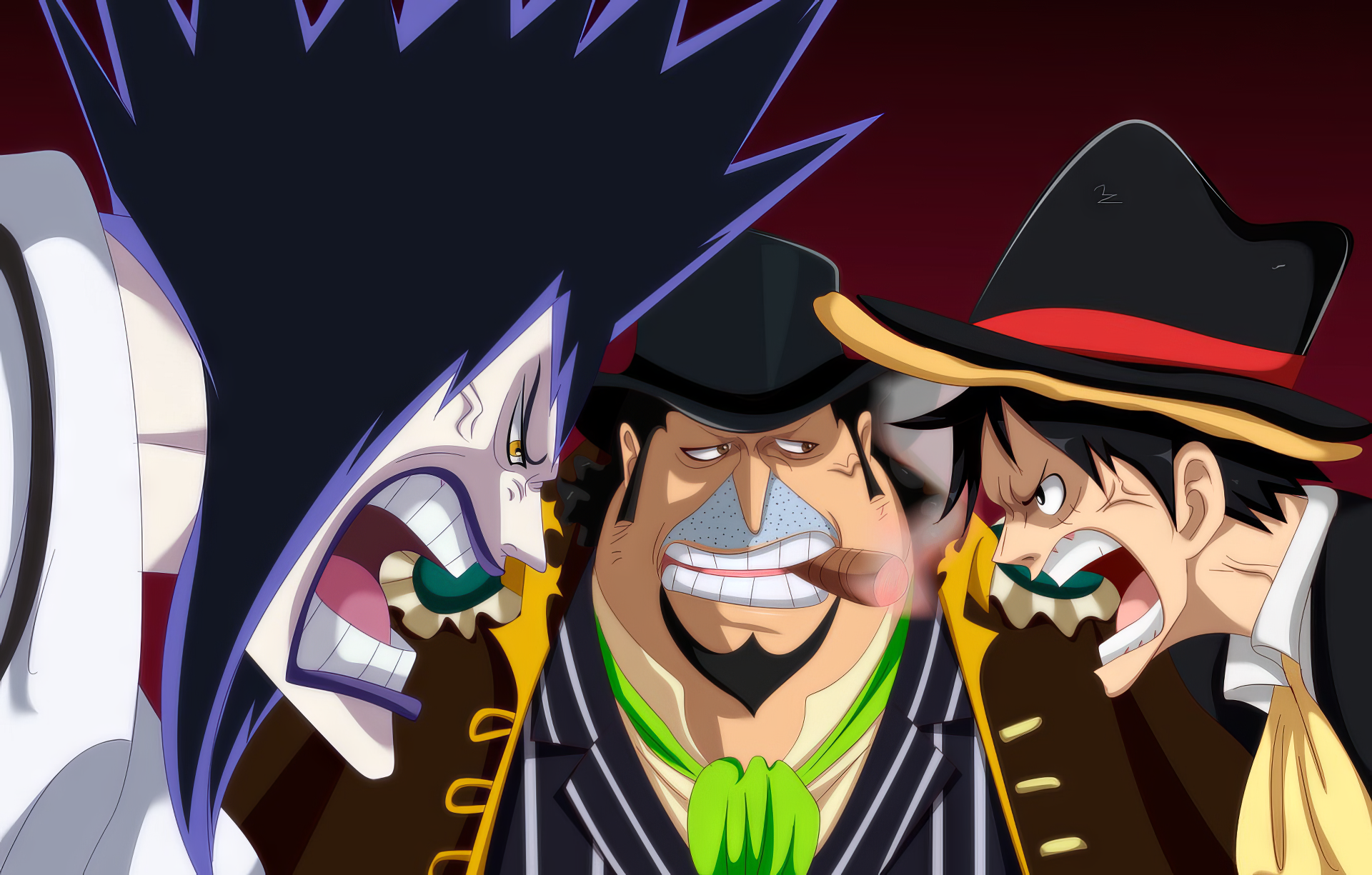 HD wallpaper featuring characters Caesar Clown, Capone Bege, and Monkey D. Luffy from the anime One Piece, depicted in an intense close-up.