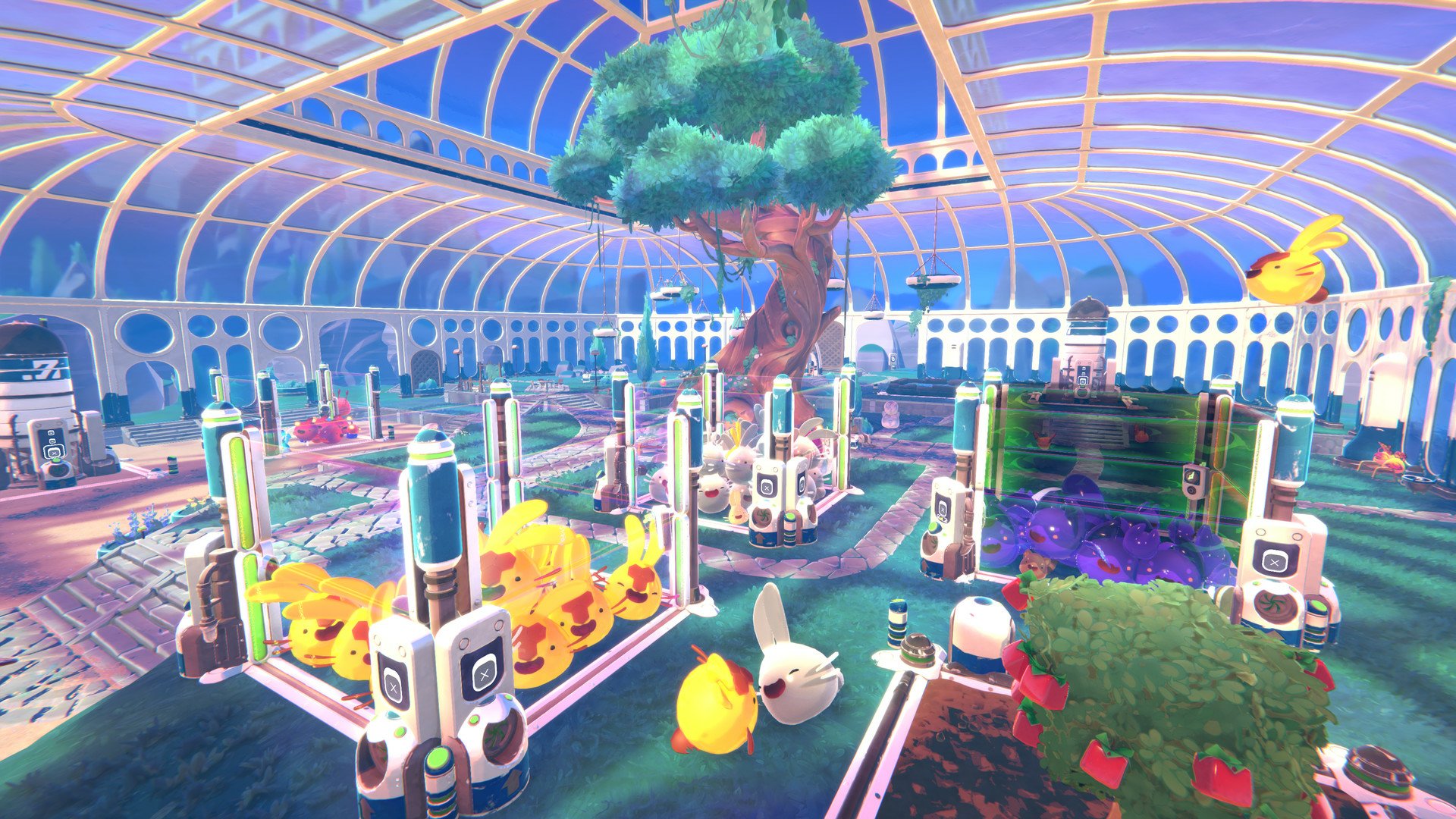 HD desktop wallpaper from Slime Rancher 2 featuring a vibrant conservatory with colorful slimes and whimsical farming equipment.