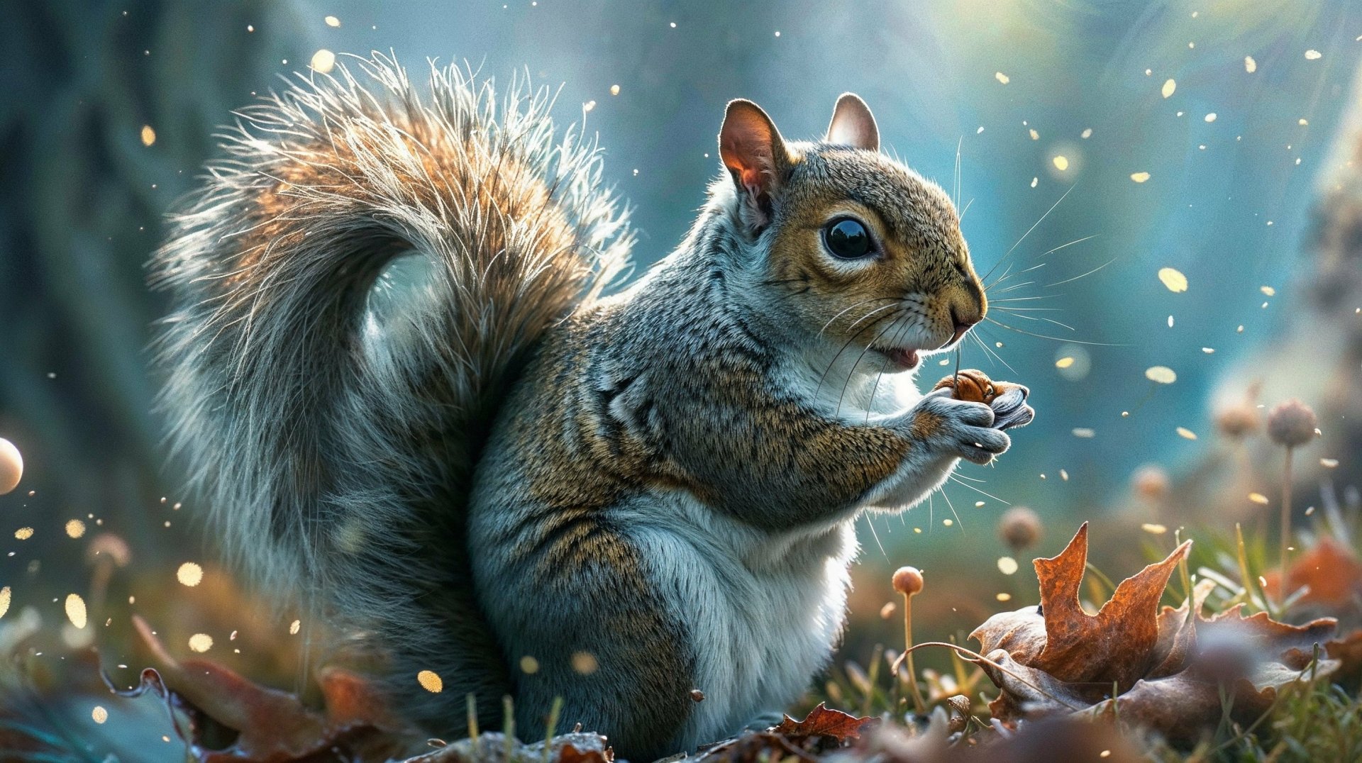 A charming squirrel sits among fallen leaves, holding a nut in its paws, surrounded by a soft, shimmering background, creating a captivating HD wallpaper for nature lovers.