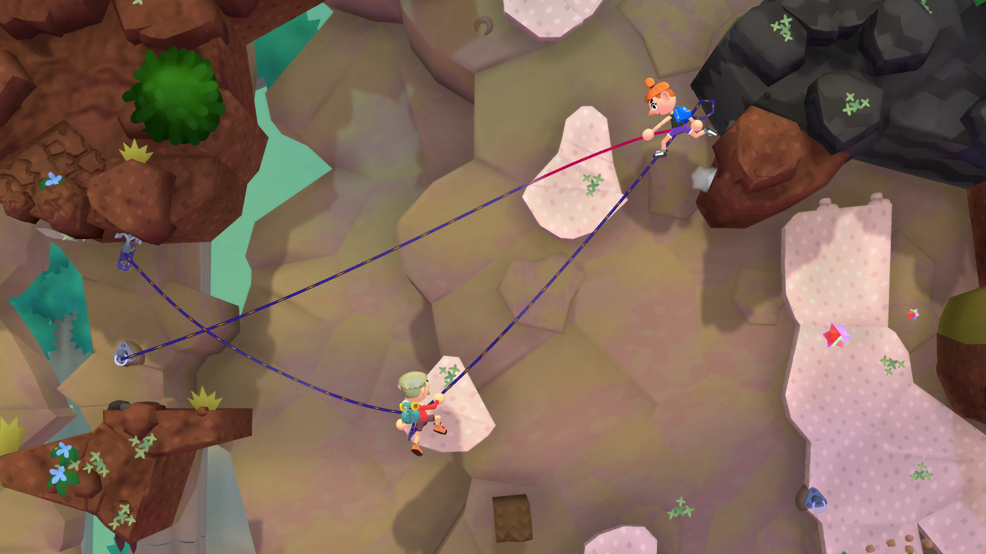 HD desktop wallpaper from the video game Surmount showing characters navigating a colorful, rocky terrain connected by ropes.