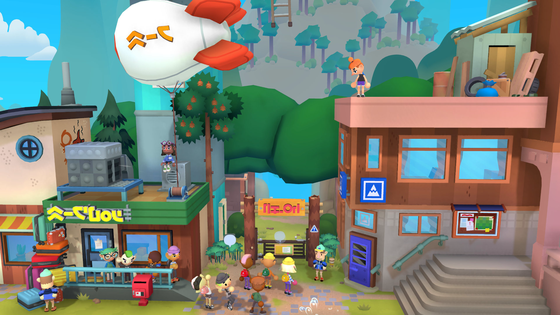 HD desktop wallpaper featuring a vibrant scene from the video game Surmount, with animated characters in a lively village setting, including shops and a blimp overhead.