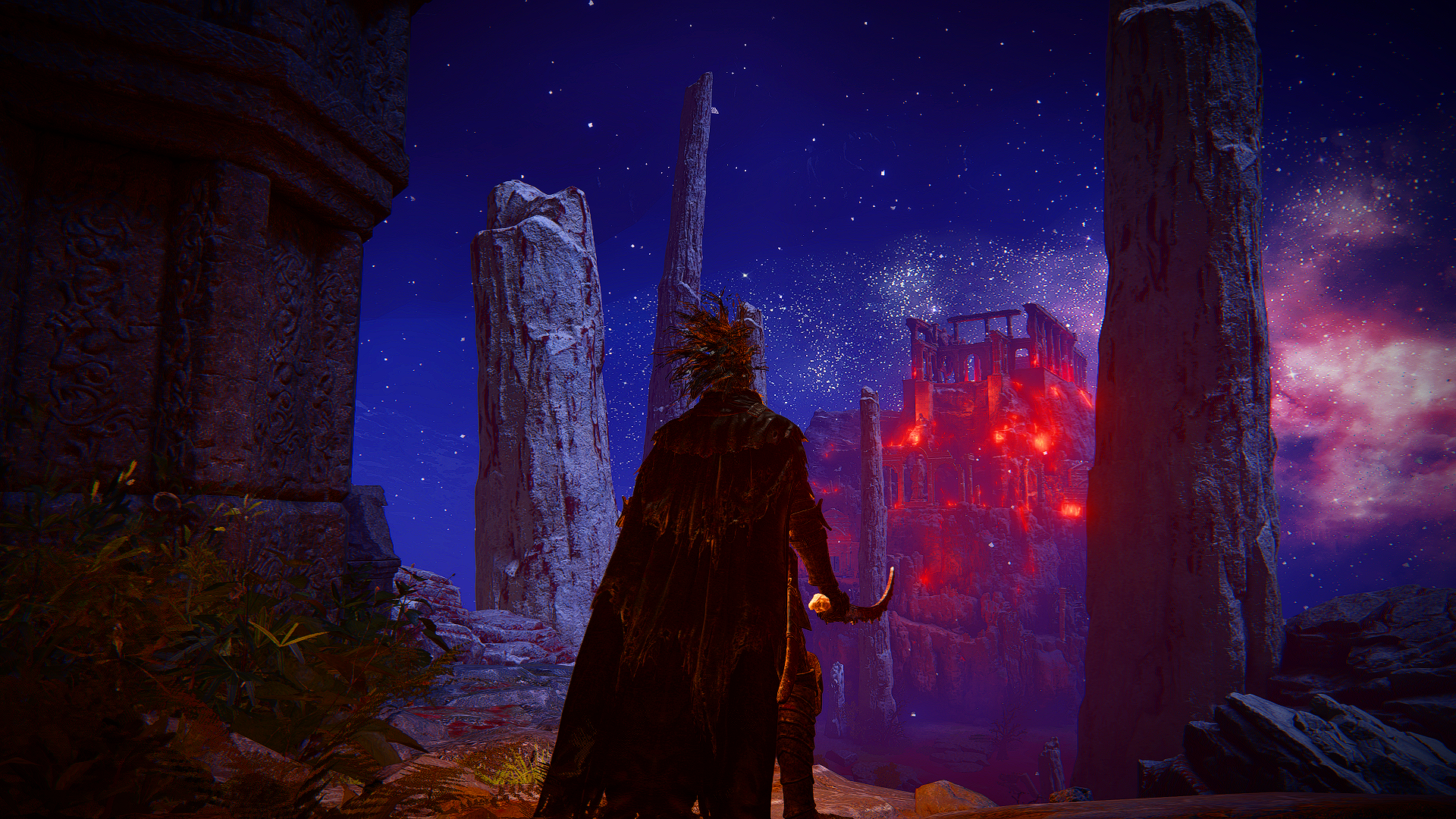 HD desktop wallpaper from Elden Ring featuring a character overlooking a mystical, crimson-lit castle amid ancient ruins under a starry night sky.
