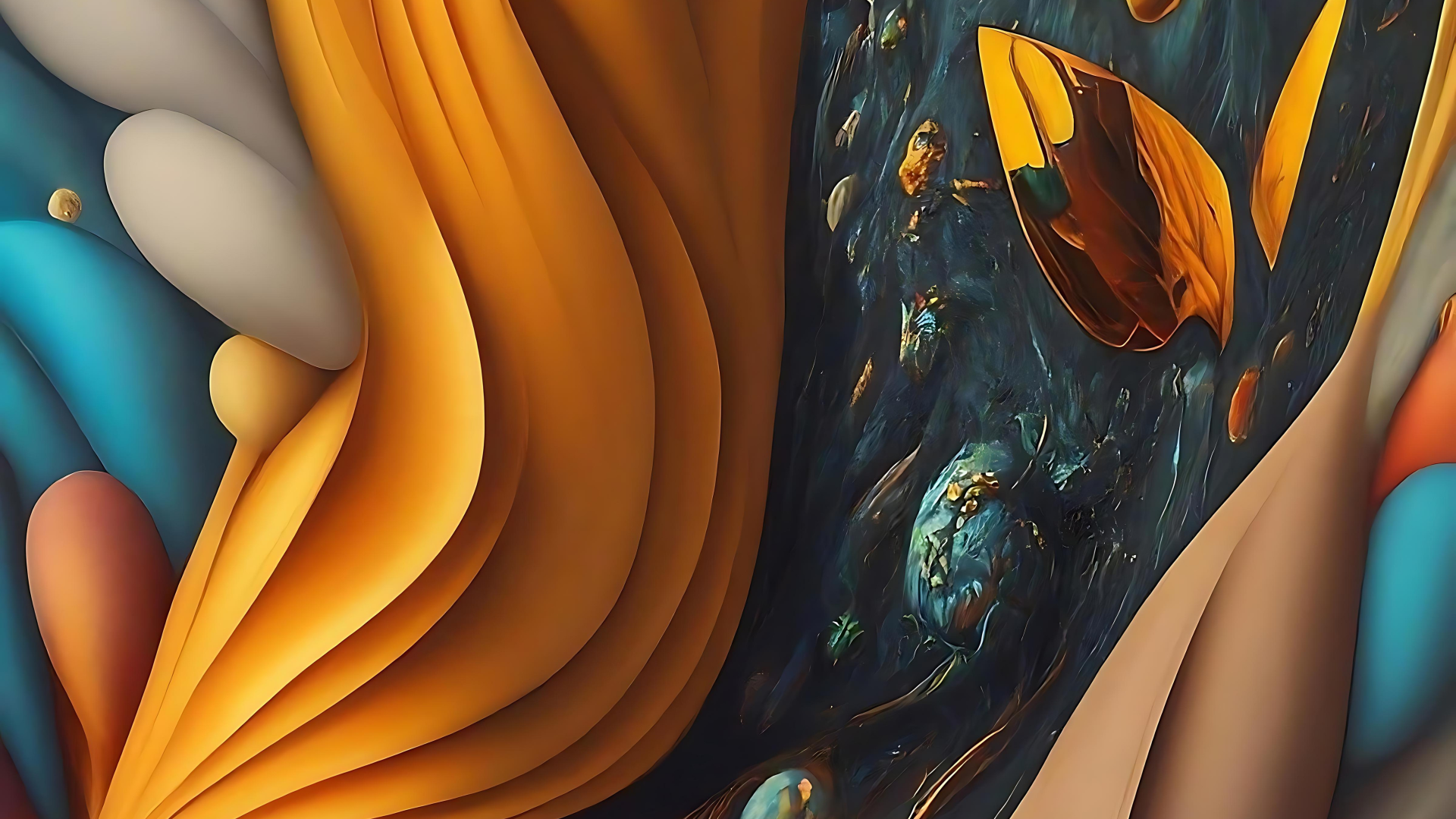 4K Ultra HD Windows 11 desktop wallpaper featuring abstract flowing orange shapes contrasted with dark, textured elements for a modern PC background.