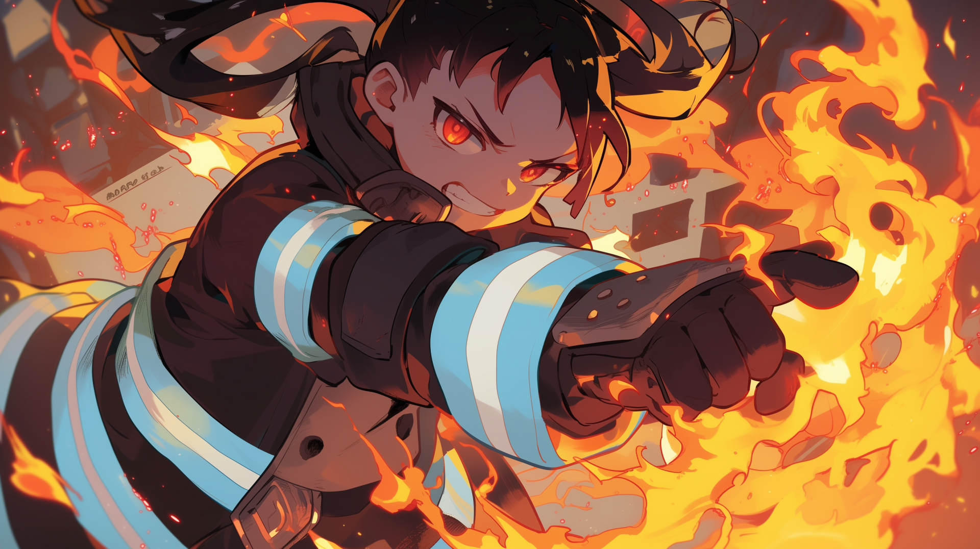 Anime character Tamaki Kotatsu from Fire Force depicted in action amidst flames, styled as an HD desktop wallpaper.
