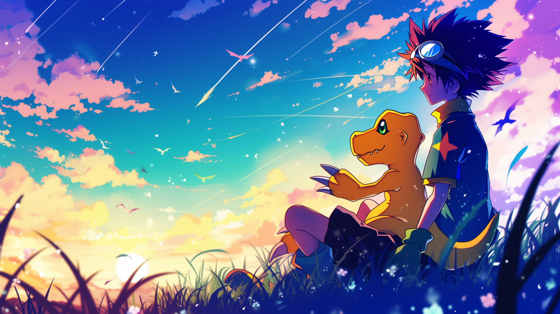 HD wallpaper of Taichi Yagami and Agumon from Digimon sitting together in a vibrant, colorful anime landscape at sunset.