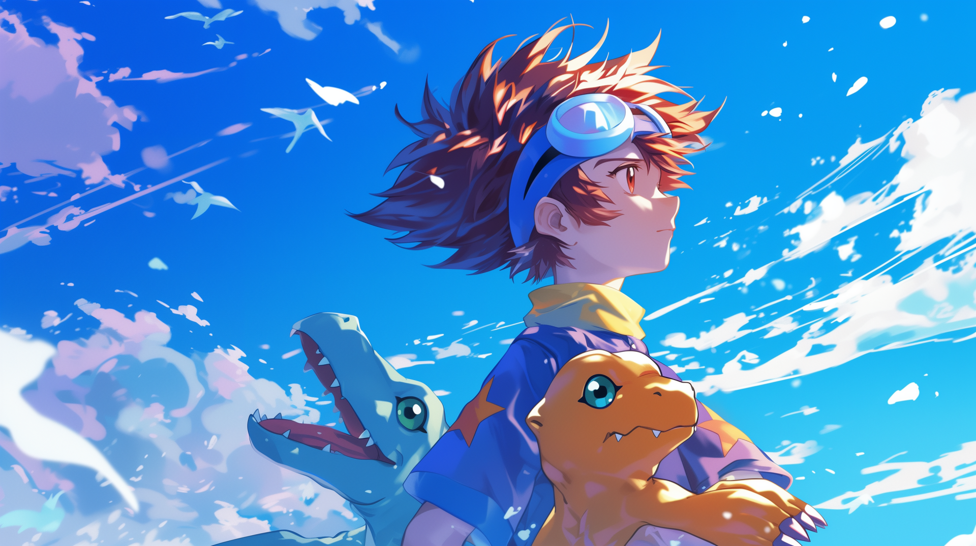 HD desktop wallpaper featuring Taichi Yagami and Agumon from Digimon, against a vibrant blue sky backdrop.