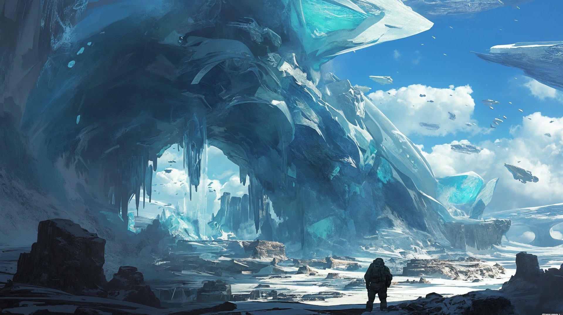 HD wallpaper from Halo Infinite, featuring a soldier observing a vast icy landscape with towering crystal formations under a blue sky.