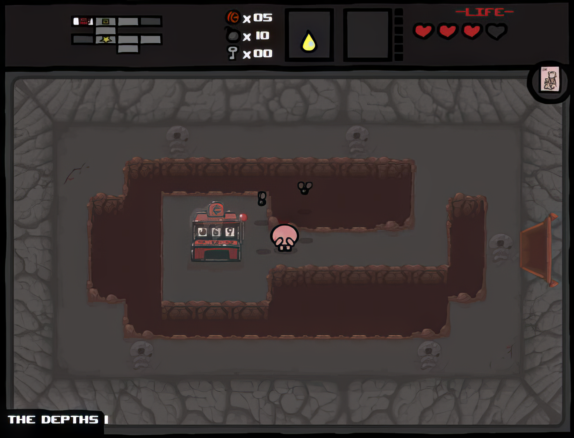 HD desktop wallpaper from The Binding of Isaac video game showing Isaac near a treasure chest in a dungeon room.