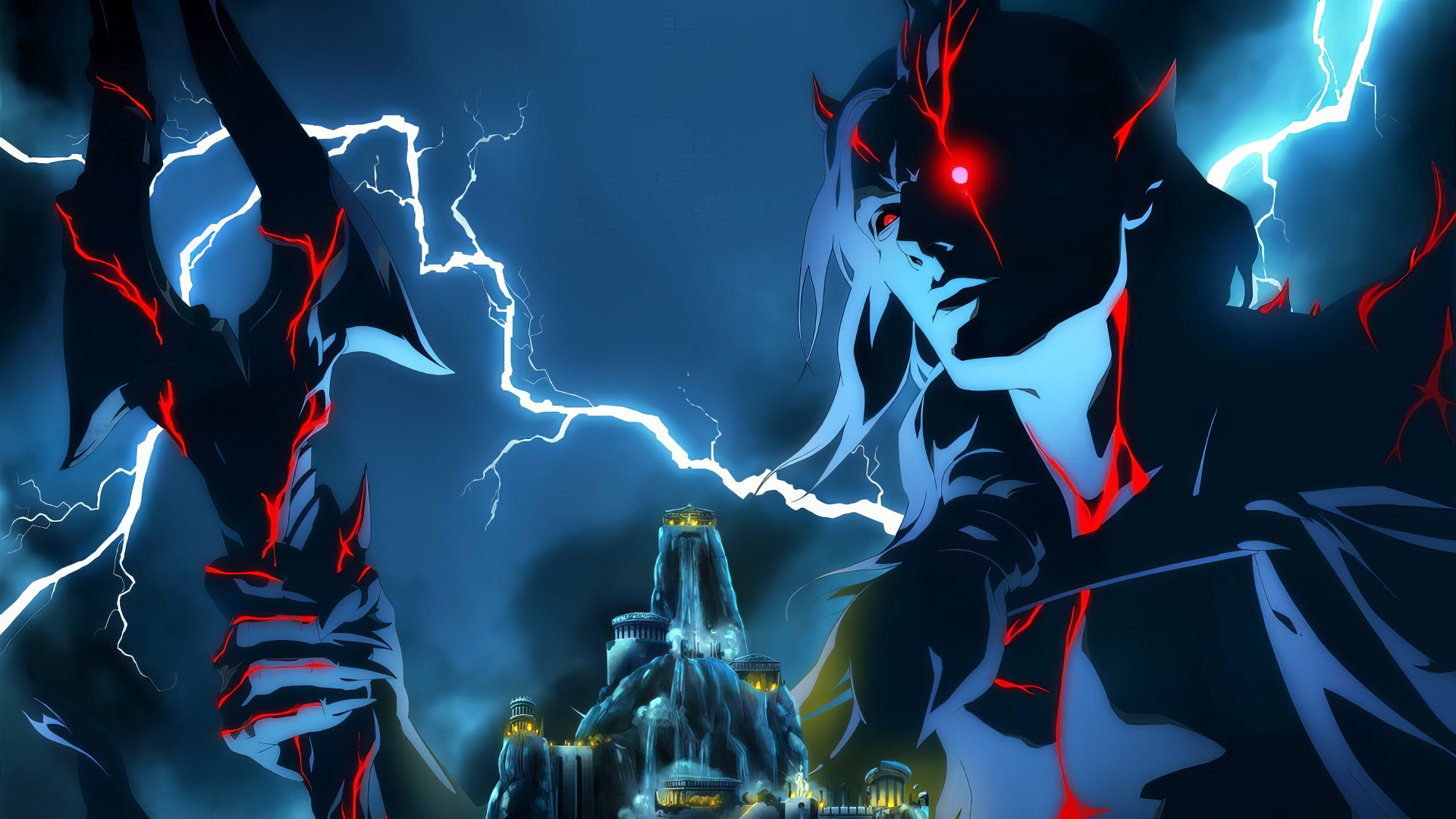 HD wallpaper of Seraphim from Blood of Zeus featuring a dramatic scene with lightning and dark, mystical colors.