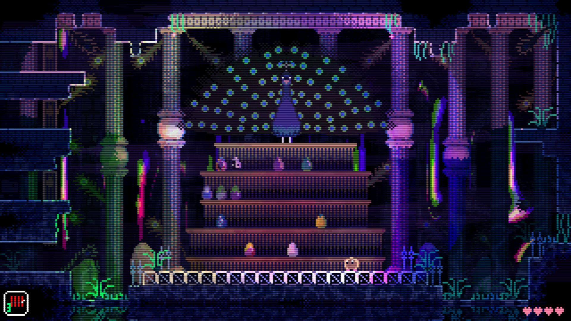 HD desktop wallpaper featuring a scene from the video game Animal Well, showcasing a colorful, pixelated underground setting with mystical architecture and glowing elements.