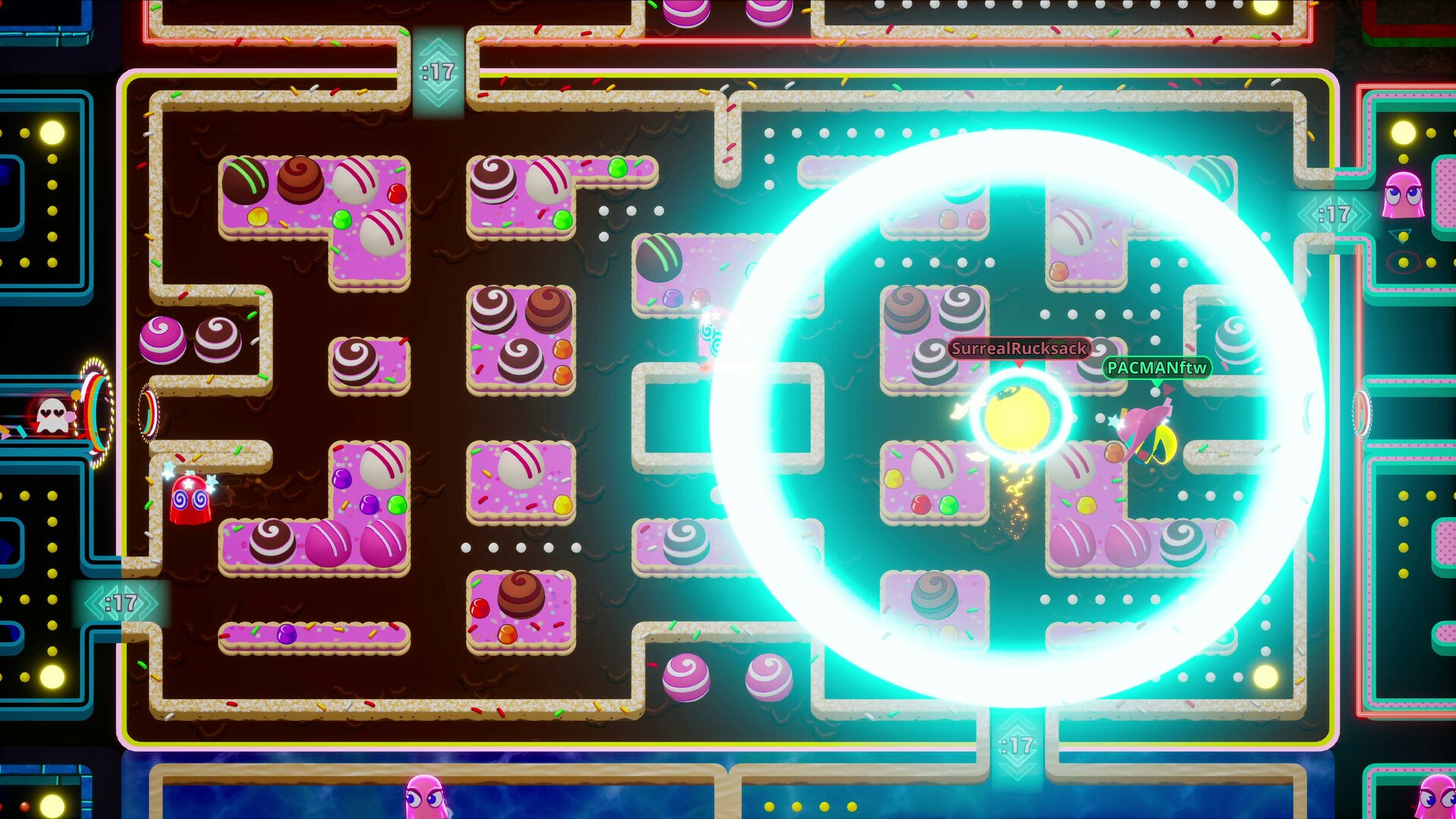 HD desktop wallpaper from PAC-MAN Mega Tunnel Battle: Chomp Champs, featuring a vibrant maze design with neon lights and game elements.