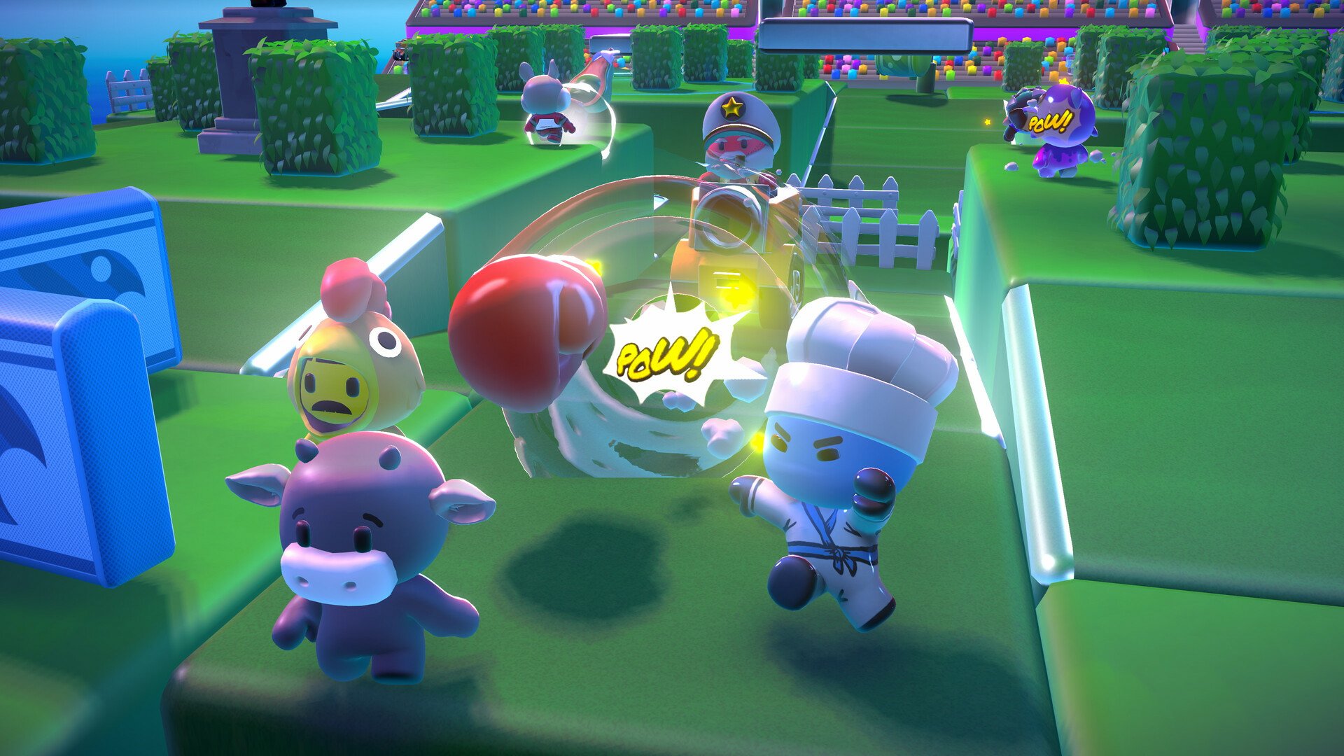 HD desktop wallpaper from the video game Rumble Club featuring colorful cartoon characters engaged in a playful battle in a vibrant, toy-like setting.