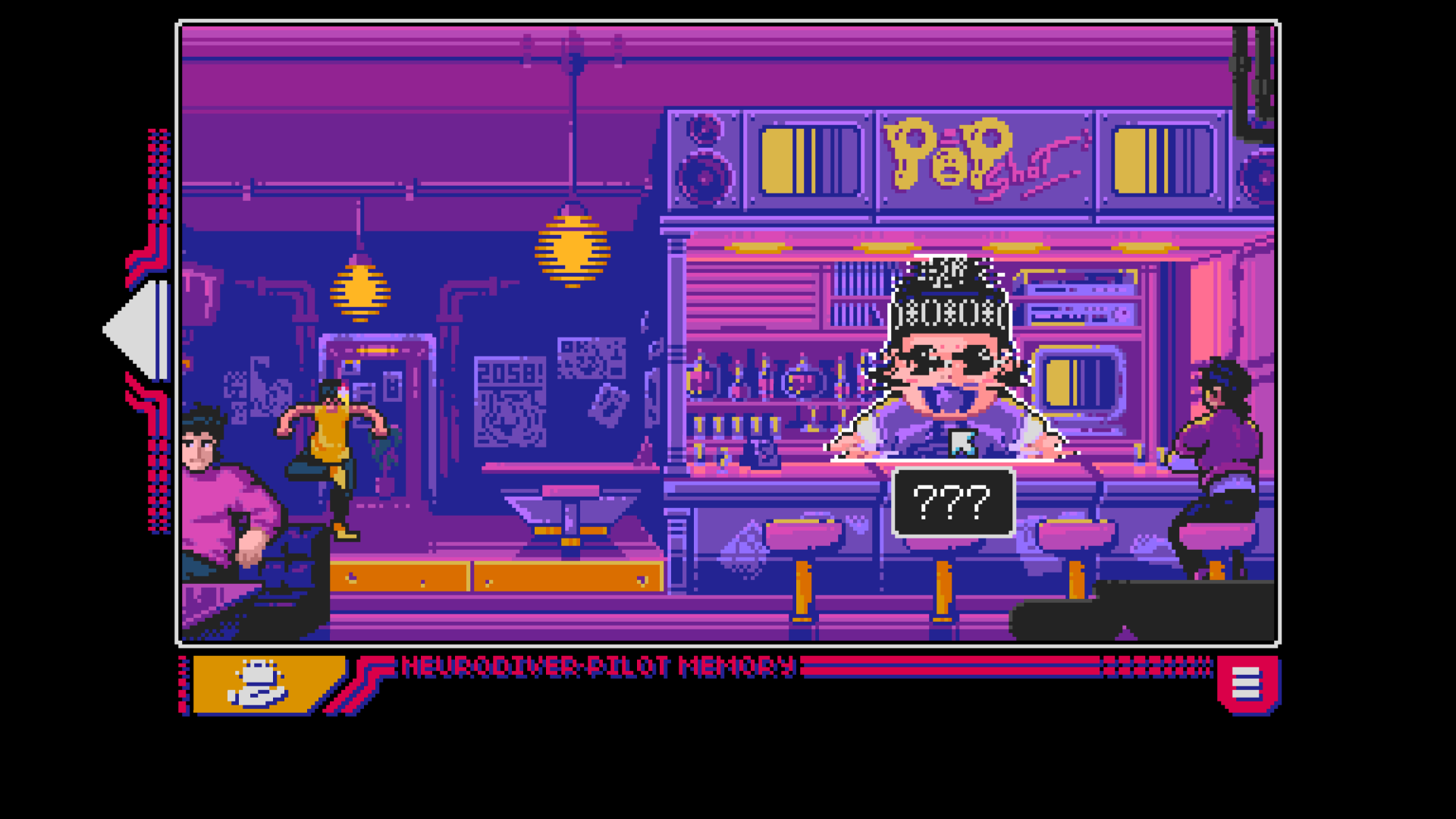 HD desktop wallpaper of a scene from the video game Read Only Memories: NEURODIVER featuring characters in a neon-lit bar.