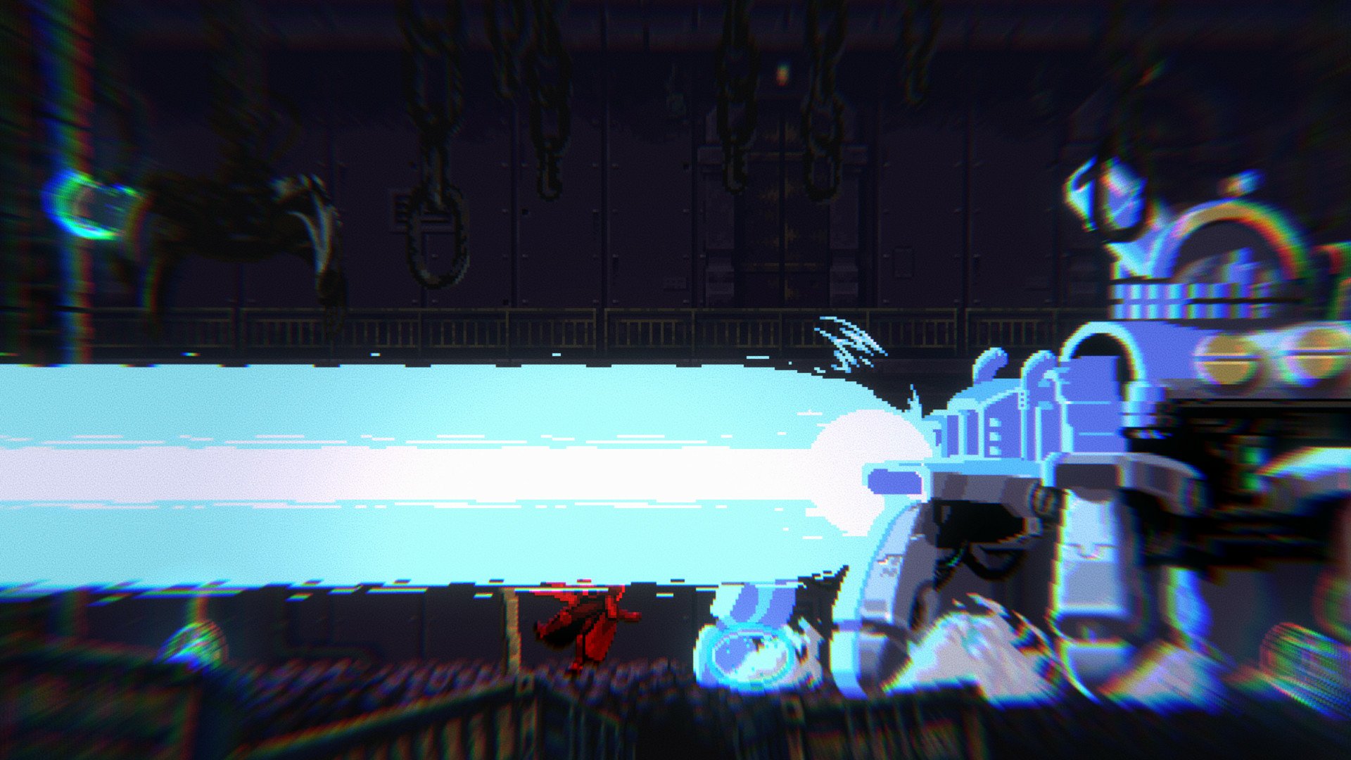 HD desktop wallpaper of a scene from the video game Gestalt: Steam & Cinder, featuring a blue robot emitting a powerful beam and a character in red evading it in a dark, industrial environment.