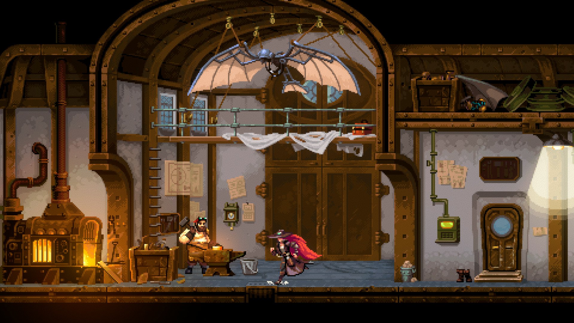 HD desktop wallpaper of Gestalt: Steam & Cinder video game, depicting a steampunk-style interior with characters interacting and a mechanical bat hovering overhead.