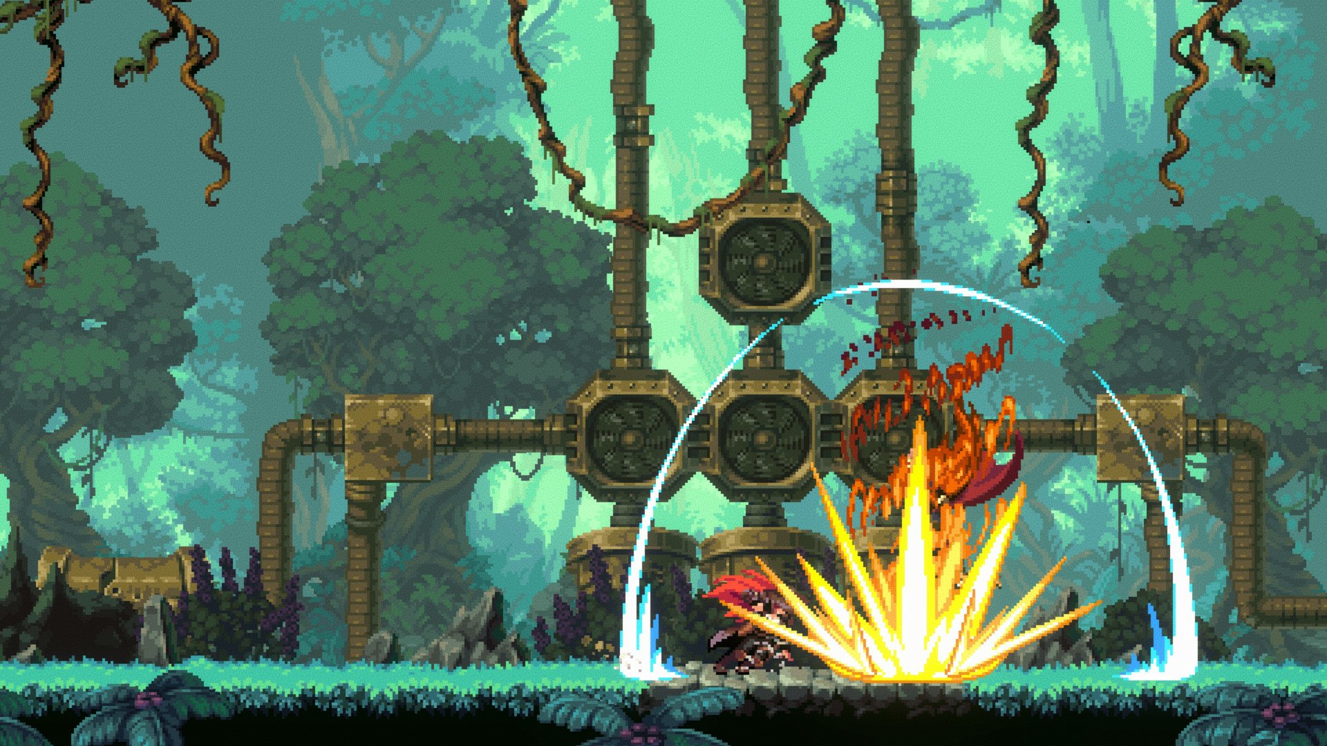 HD desktop wallpaper of the video game Gestalt: Steam & Cinder featuring a dynamic action scene with characters fighting in a lush, mechanical jungle environment.