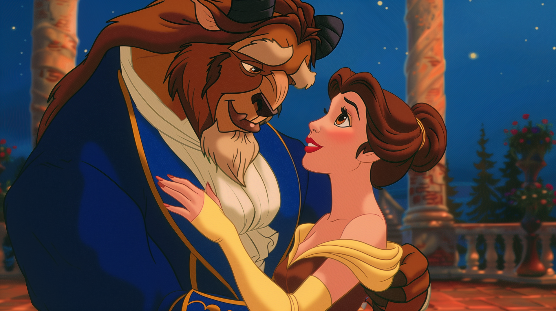 HD Disney desktop wallpaper featuring Belle and the Beast from the 1991 movie Beauty and the Beast, gazing lovingly at each other in a romantic setting.