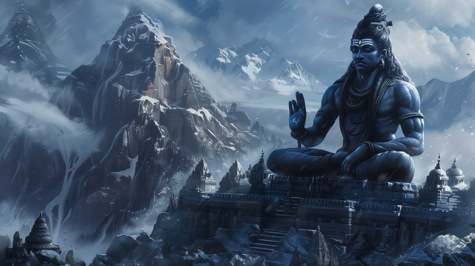 HD desktop wallpaper featuring a majestic depiction of the Hindu deity Shiva (Mahadev), poised in a serene meditative posture, set against an awe-inspiring mountainous landscape.