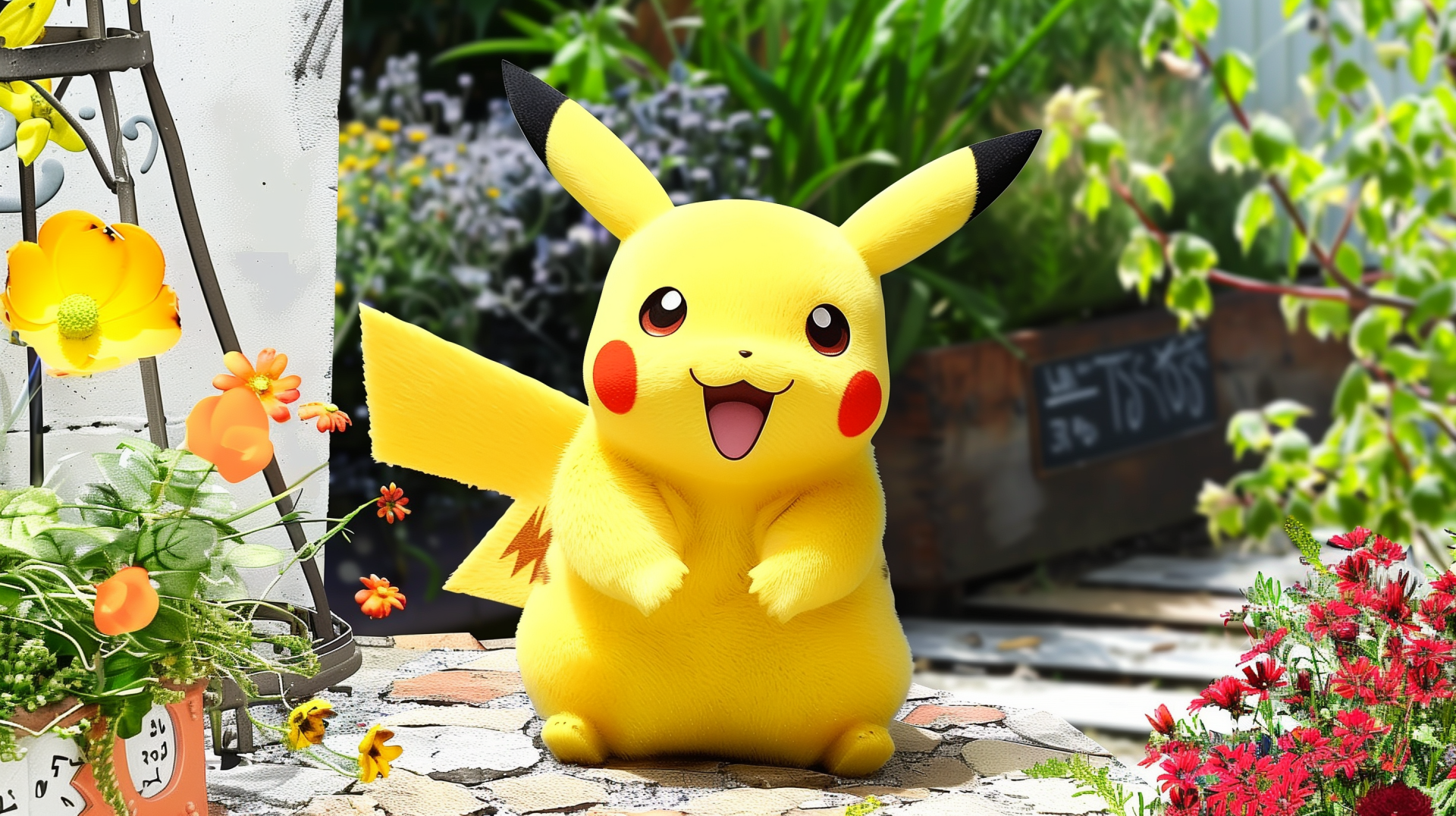 HD desktop wallpaper featuring Pikachu from Pokémon, smiling and surrounded by vibrant flowers in a garden setting. The colorful scene highlights Pikachu's cheerful and lively personality.