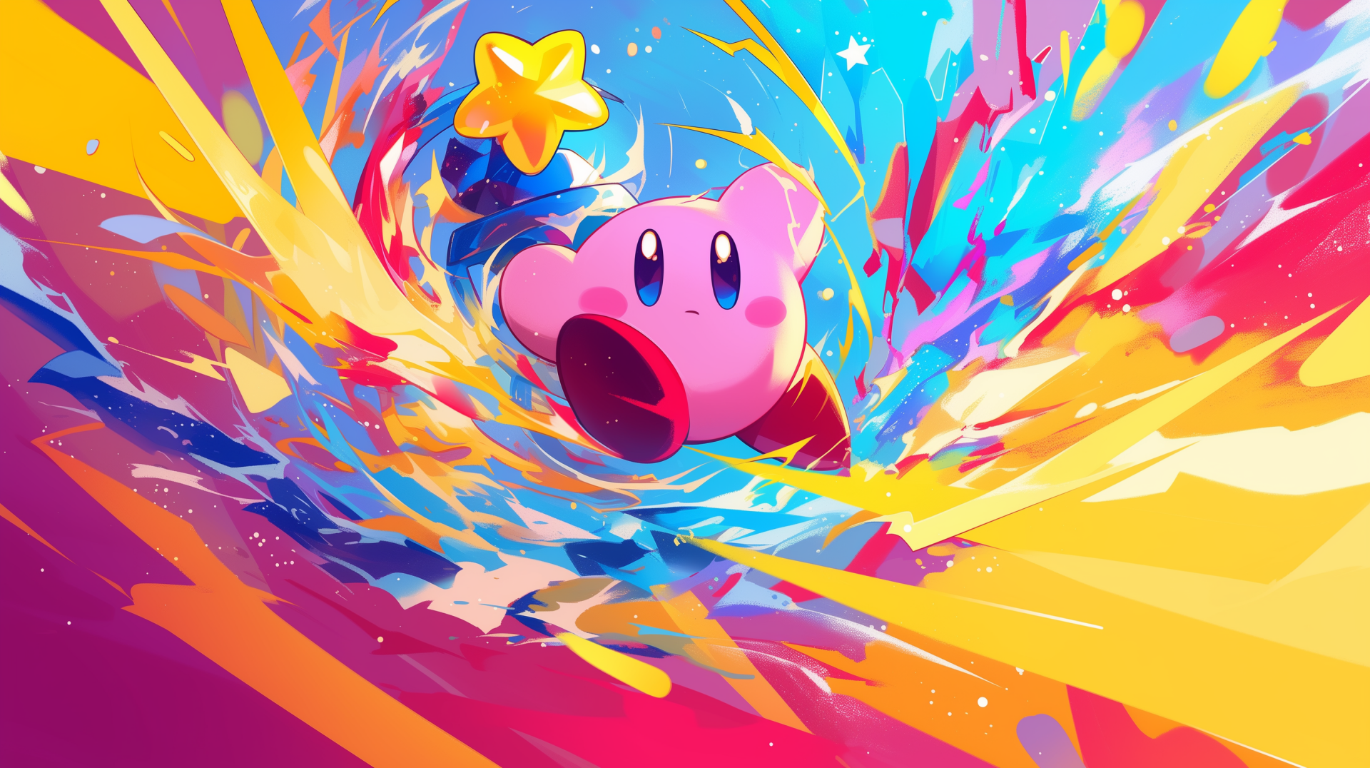 HD desktop wallpaper featuring Kirby, a character from the video game series, surrounded by vibrant, colorful swirls and holding a star.