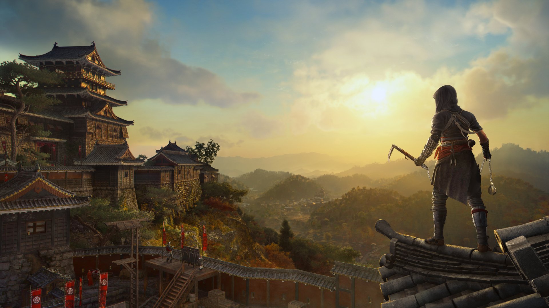 HD desktop wallpaper from the video game Assassin's Creed Shadows, featuring a hooded character standing on a roof overlooking a traditional Japanese landscape at sunset.