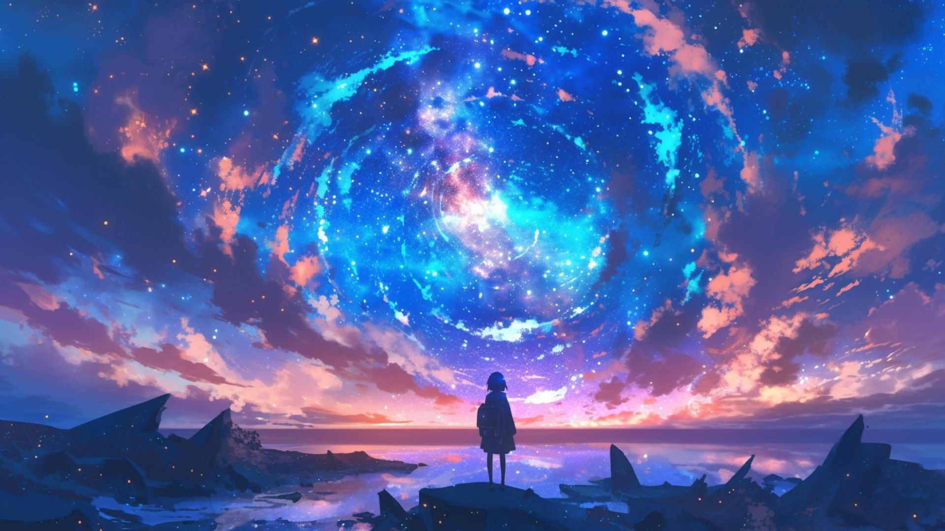 Anime-style HD PC desktop wallpaper of a lone silhouette on a rocky shore beneath a vast purple sky and swirling space vortex — vivid AI art sky anime background.