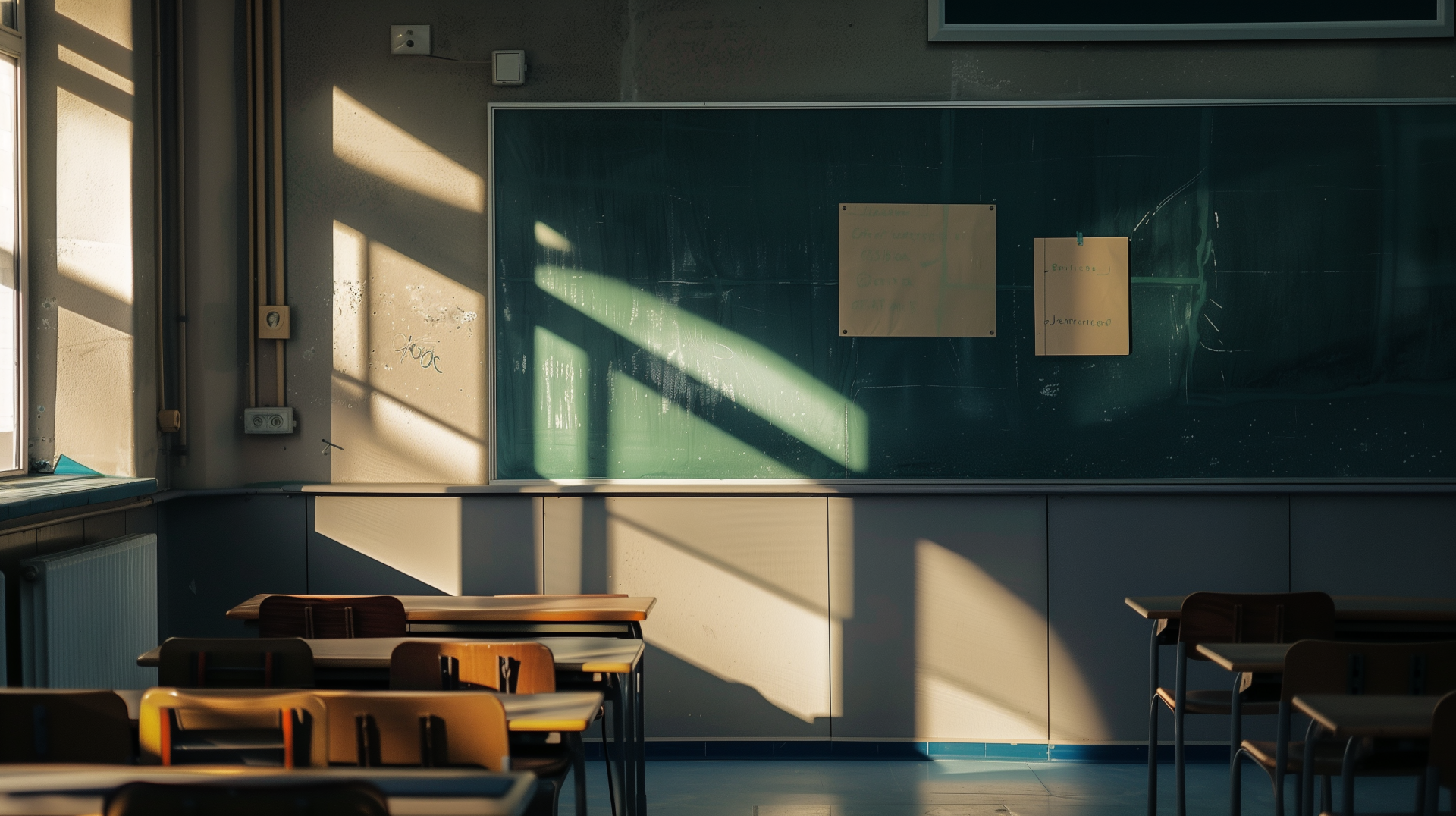 HD wallpaper of an empty classroom with wooden chairs and desks, sunlight streaming onto a blackboard with papers pinned to it, creating a serene, contemplative atmosphere.