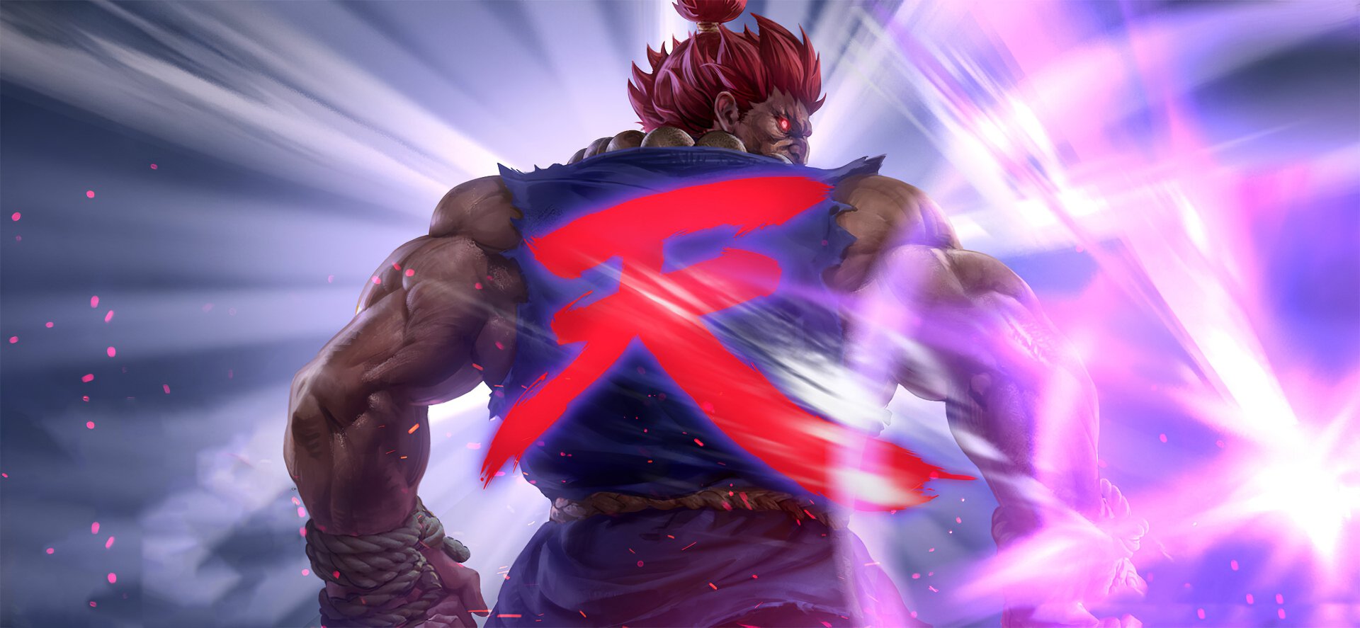HD desktop wallpaper featuring Akuma from Street Fighter with his back turned, showcasing the glowing red kanji symbol on his back amid an electrifying aura.