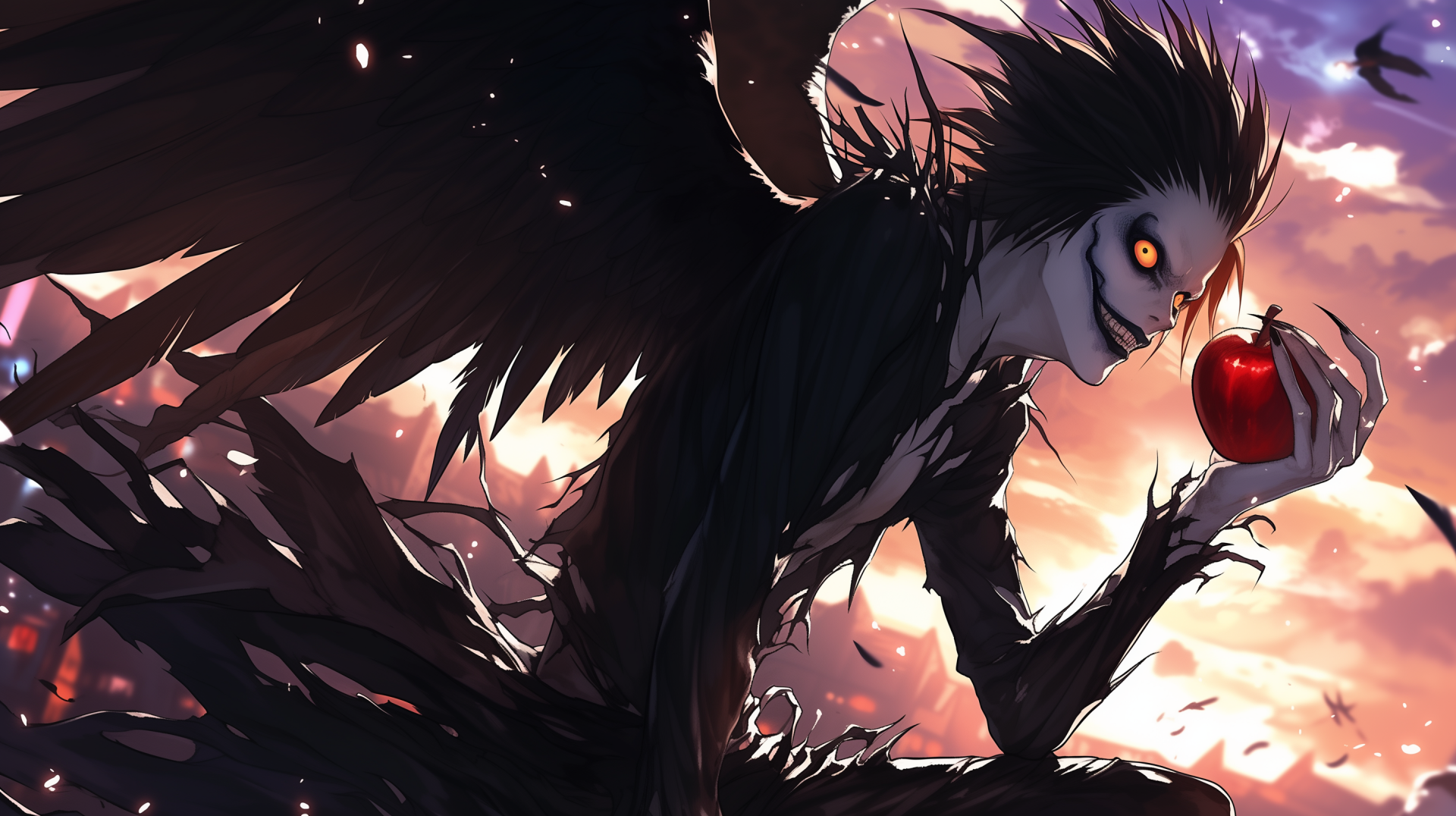 HD desktop wallpaper featuring Ryuk from Death Note, set against a dynamic sunset background, with Ryuk holding a red apple. Anime-inspired artwork.