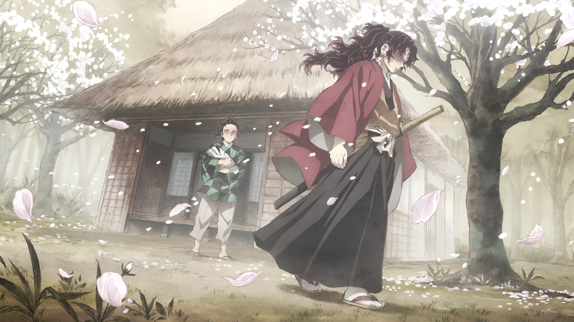 4K Ultra HD Anime wallpaper from Demon Slayer: Kimetsu no Yaiba, featuring characters in a serene, blossom-filled rural setting outside a traditional thatched house.
