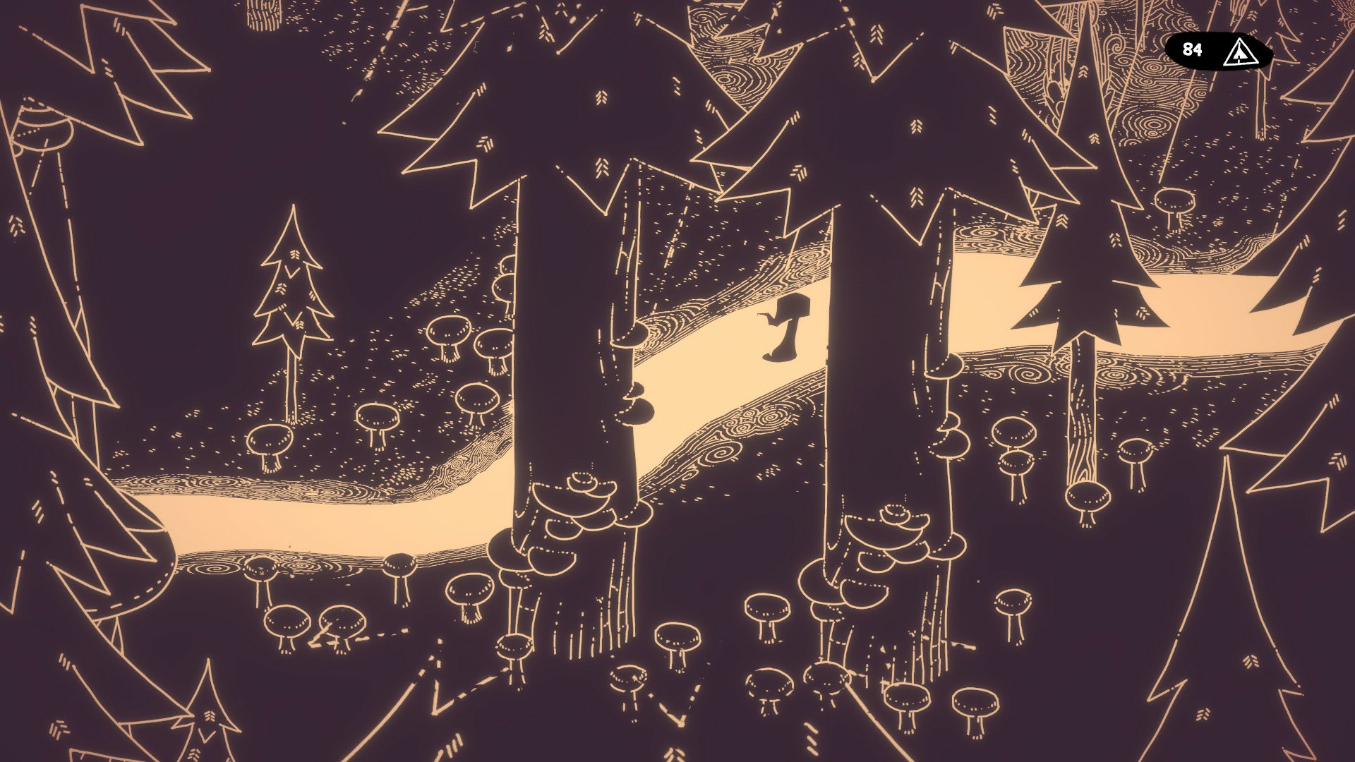 HD desktop wallpaper featuring a stylized forest scene from the video game Hauntii, with a winding path, tall trees, and mushrooms.