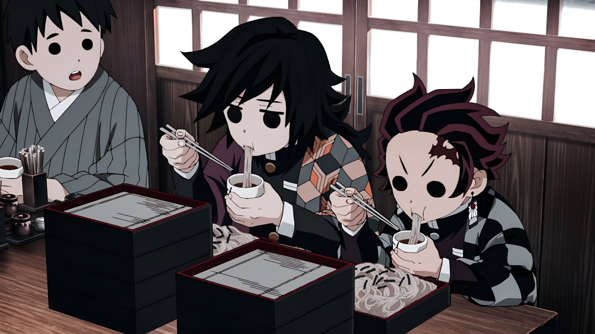4K Ultra HD Anime wallpaper featuring chibi-style characters from Demon Slayer: Kimetsu no Yaiba enjoying a meal in a traditional setting.