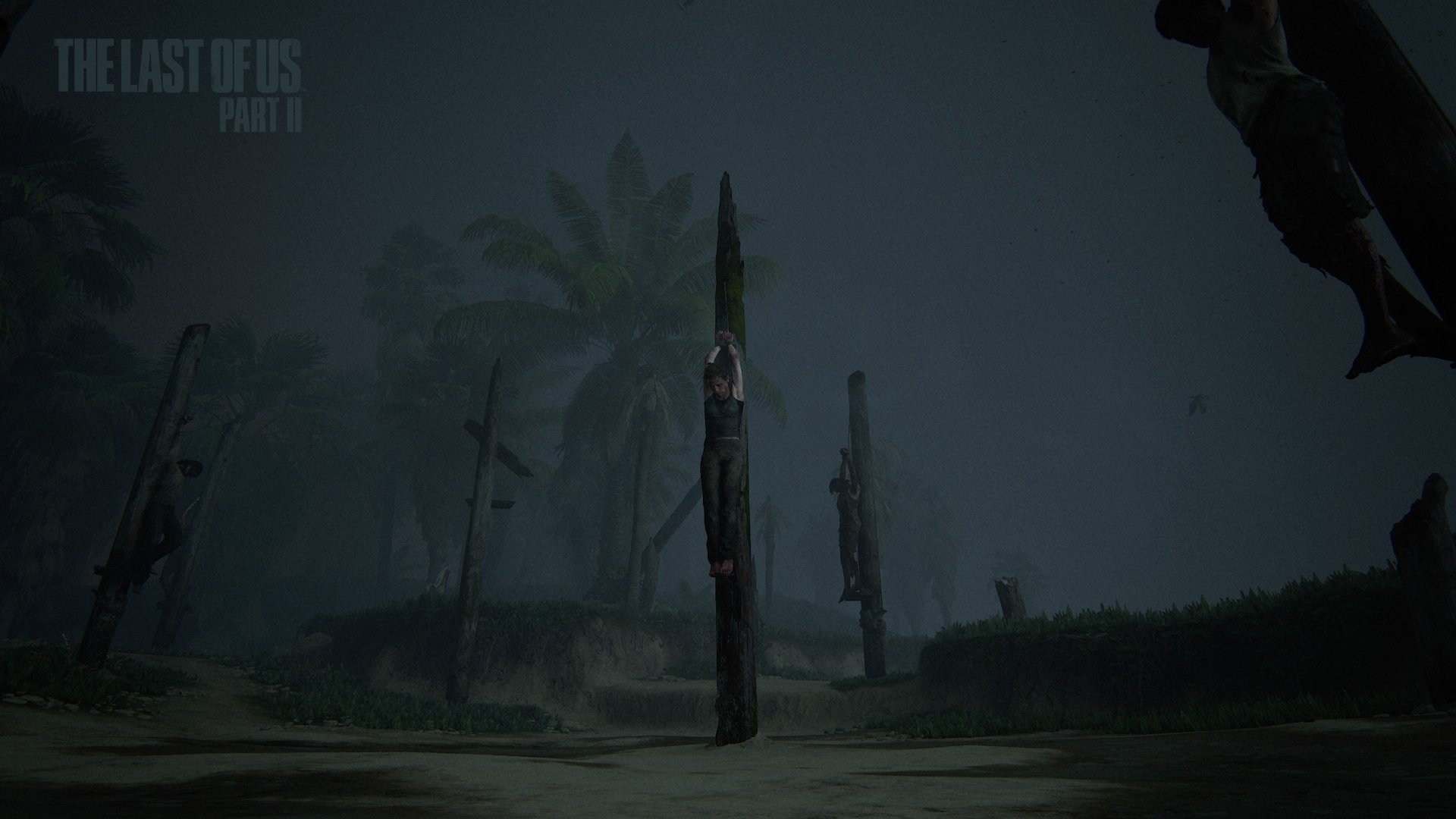 4K Ultra HD wallpaper featuring Abby Anderson from The Last of Us Part II, standing in a dark, foggy outdoor setting with eerie totem poles in the background.
