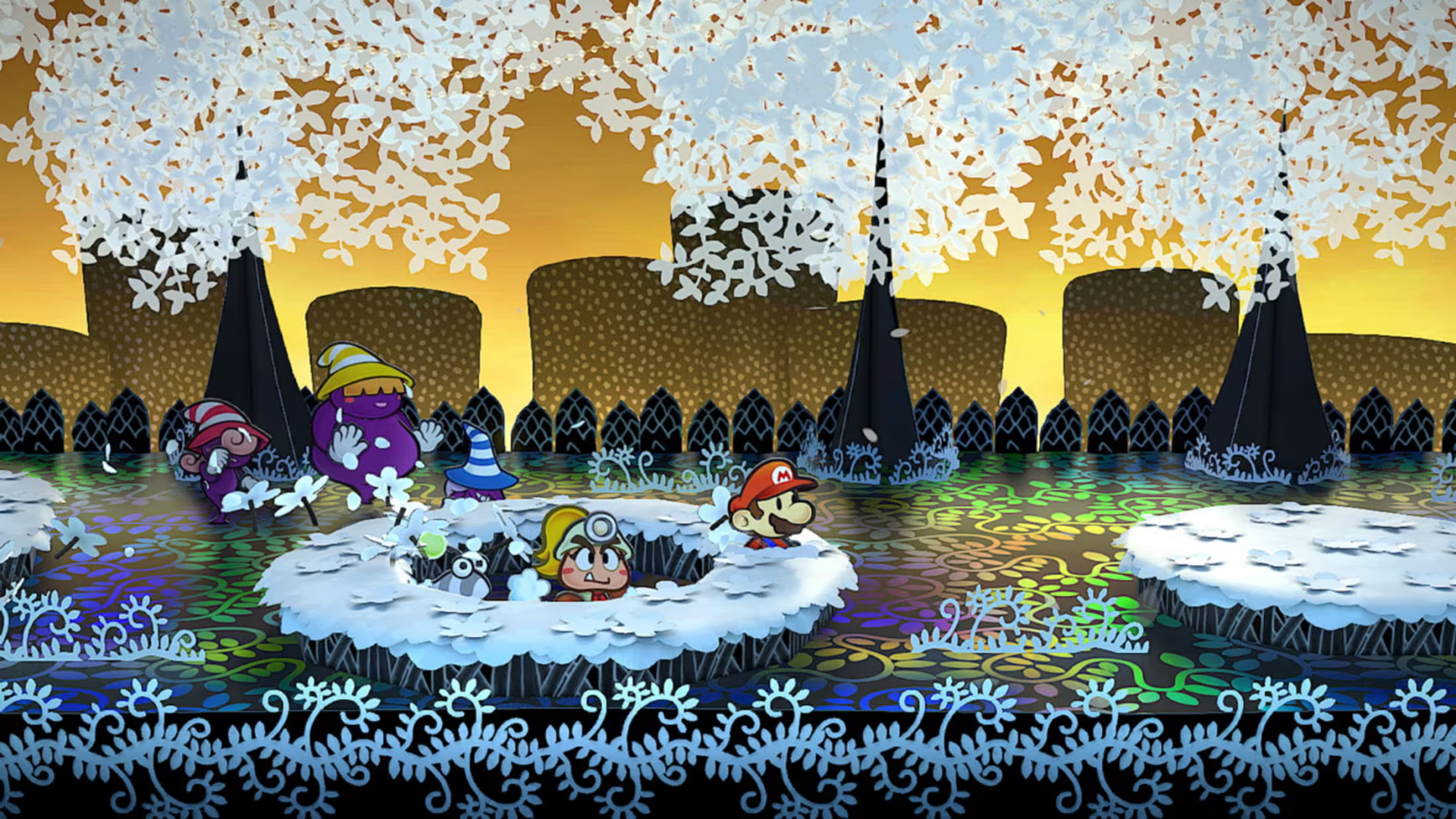 HD desktop wallpaper from the 2024 video game Paper Mario: The Thousand-Year Door, featuring characters exploring a vibrant, stylized snowy landscape with colorful, intricate patterns and golden skies.