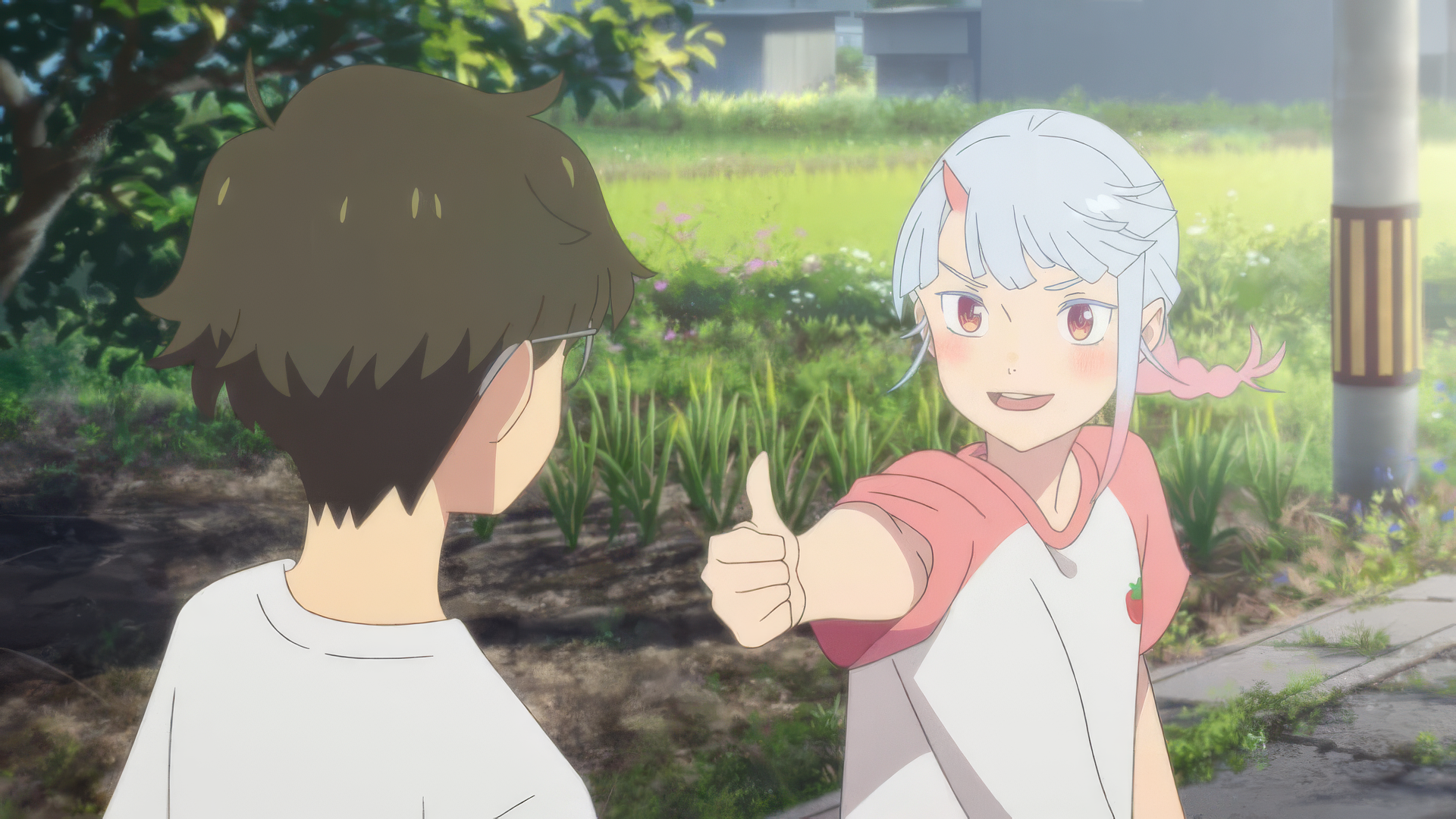 HD desktop wallpaper featuring characters from the anime 'My Oni Girl.' The image depicts a girl with white hair and horns giving a thumbs-up to a boy in an outdoor setting.