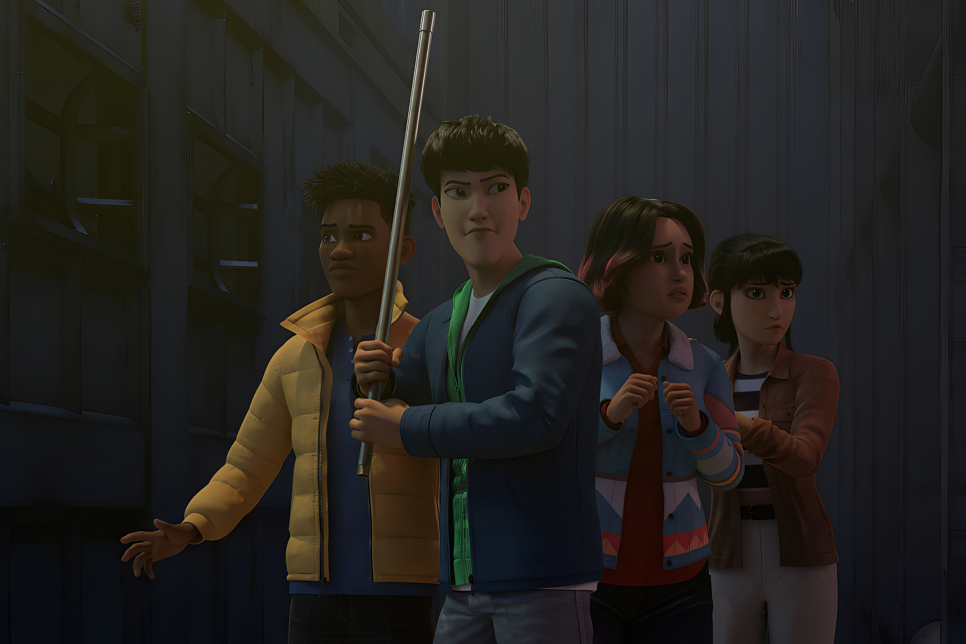 A HD desktop wallpaper from the TV show Jurassic World: Chaos Theory, featuring four animated characters looking cautious, set against a dark industrial background.