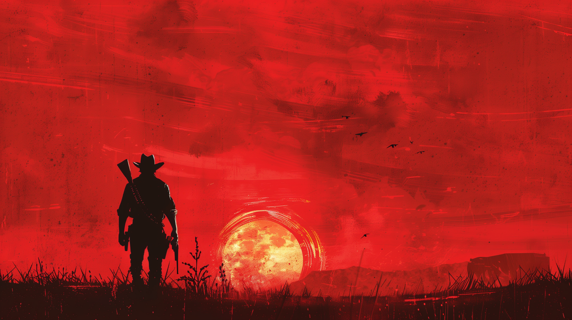 HD desktop wallpaper of Arthur Morgan from Red Dead Redemption 2, standing against a vibrant red sky during sunset, showcasing a classic cowboy scene from the video game Red Dead Redemption.