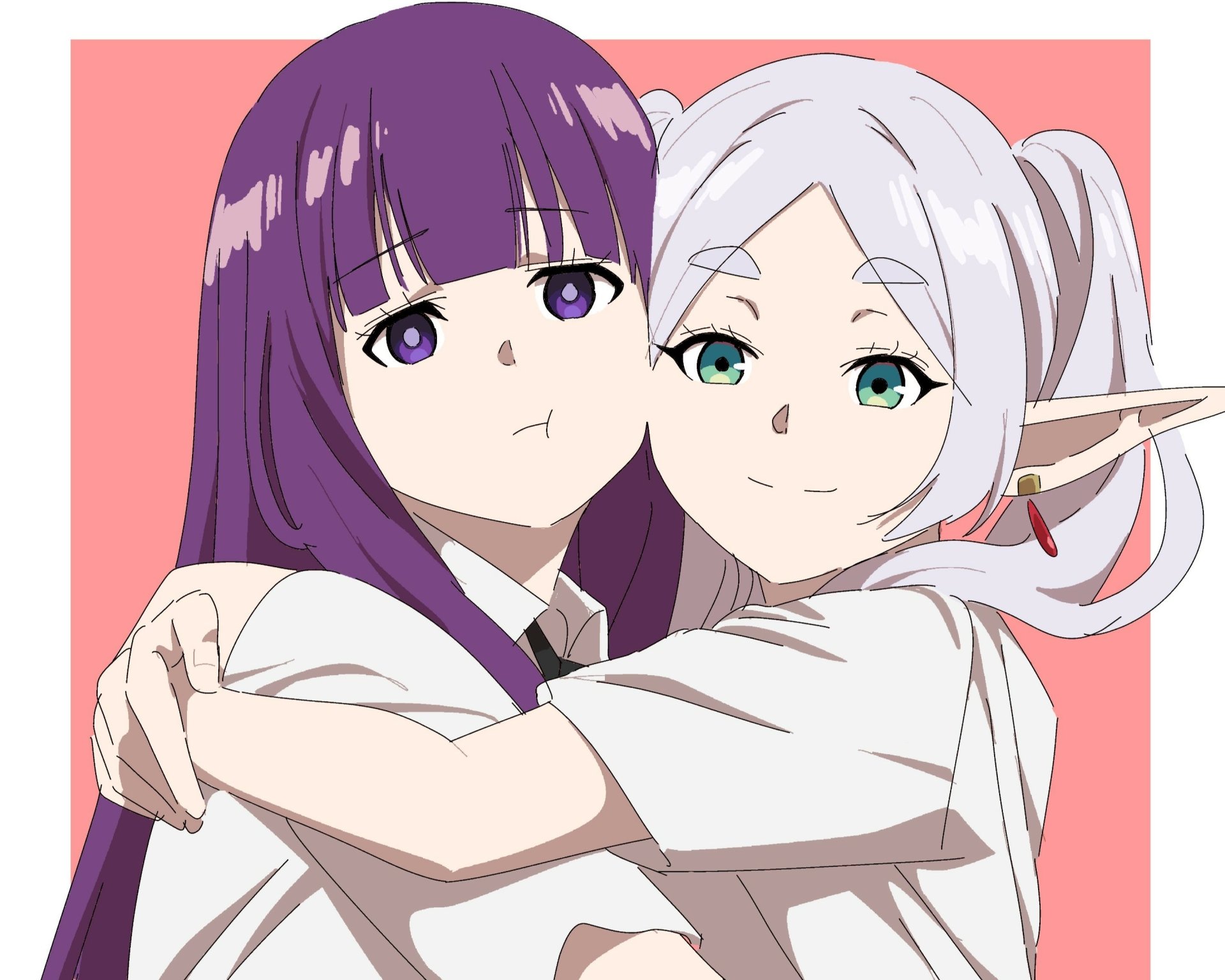 Anime HD desktop wallpaper featuring Frieren and Fern from Frieren: Beyond Journey's End, embracing with a soft pink background.