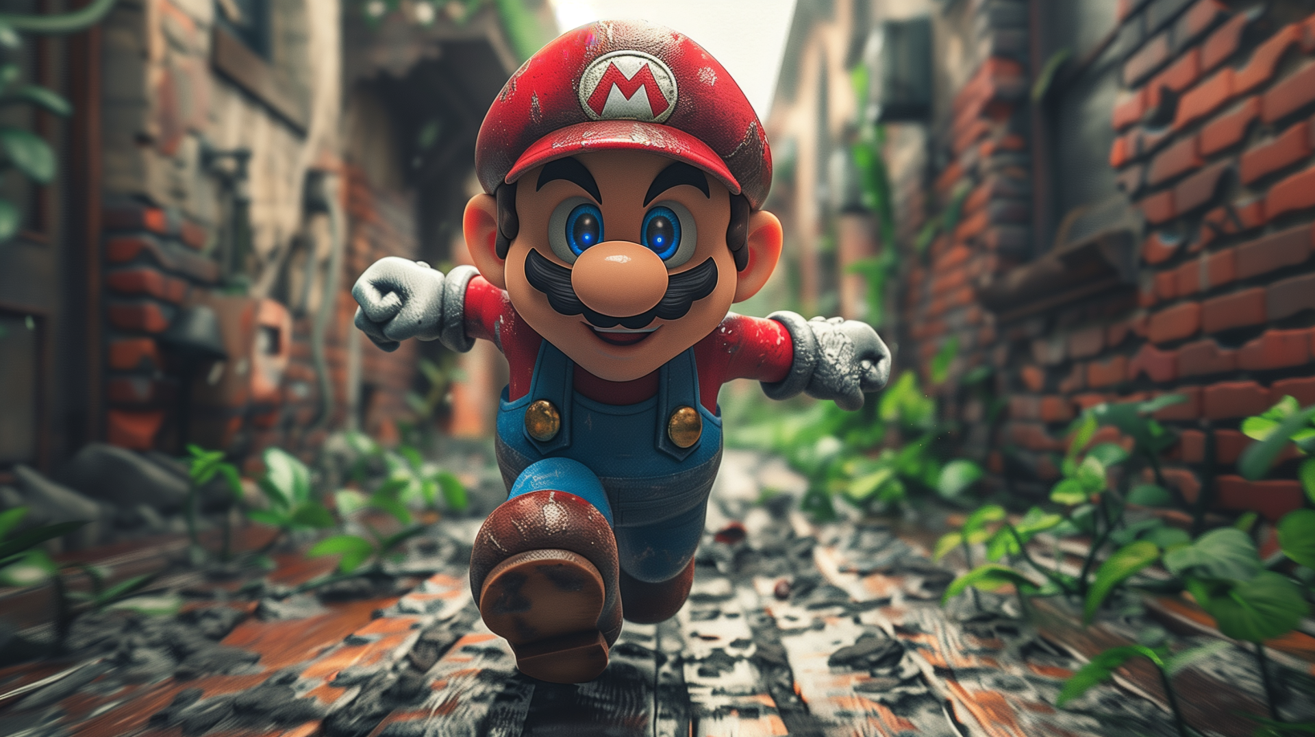 HD desktop wallpaper featuring Mario from the Super Mario video game series, showcasing him running down a pathway in a lively, detailed setting.