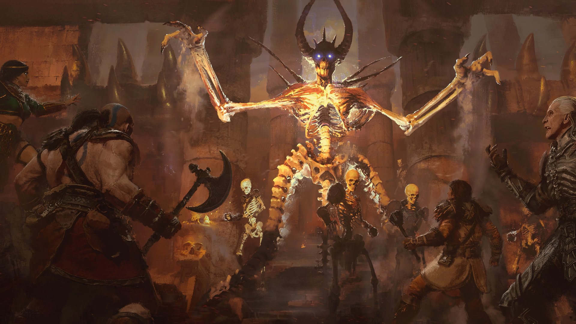 HD desktop wallpaper of Diablo II: Resurrected showcasing an intense battle scene with multiple warriors confronting a towering skeletal demon with glowing blue eyes.