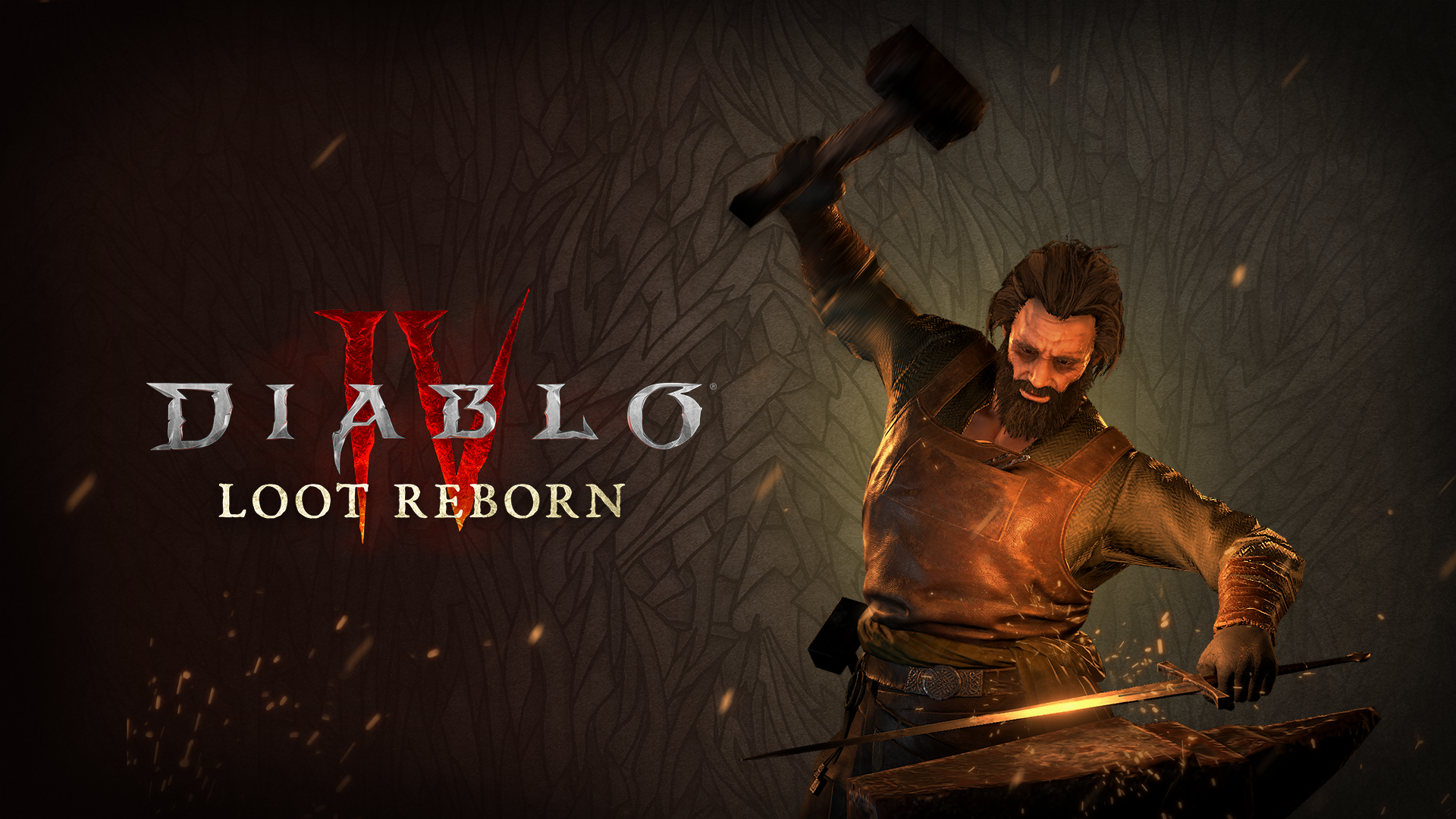 HD desktop wallpaper featuring the theme Diablo IV: Loot Reborn, with a detailed image of a bearded blacksmith wielding a hammer, ready to forge.