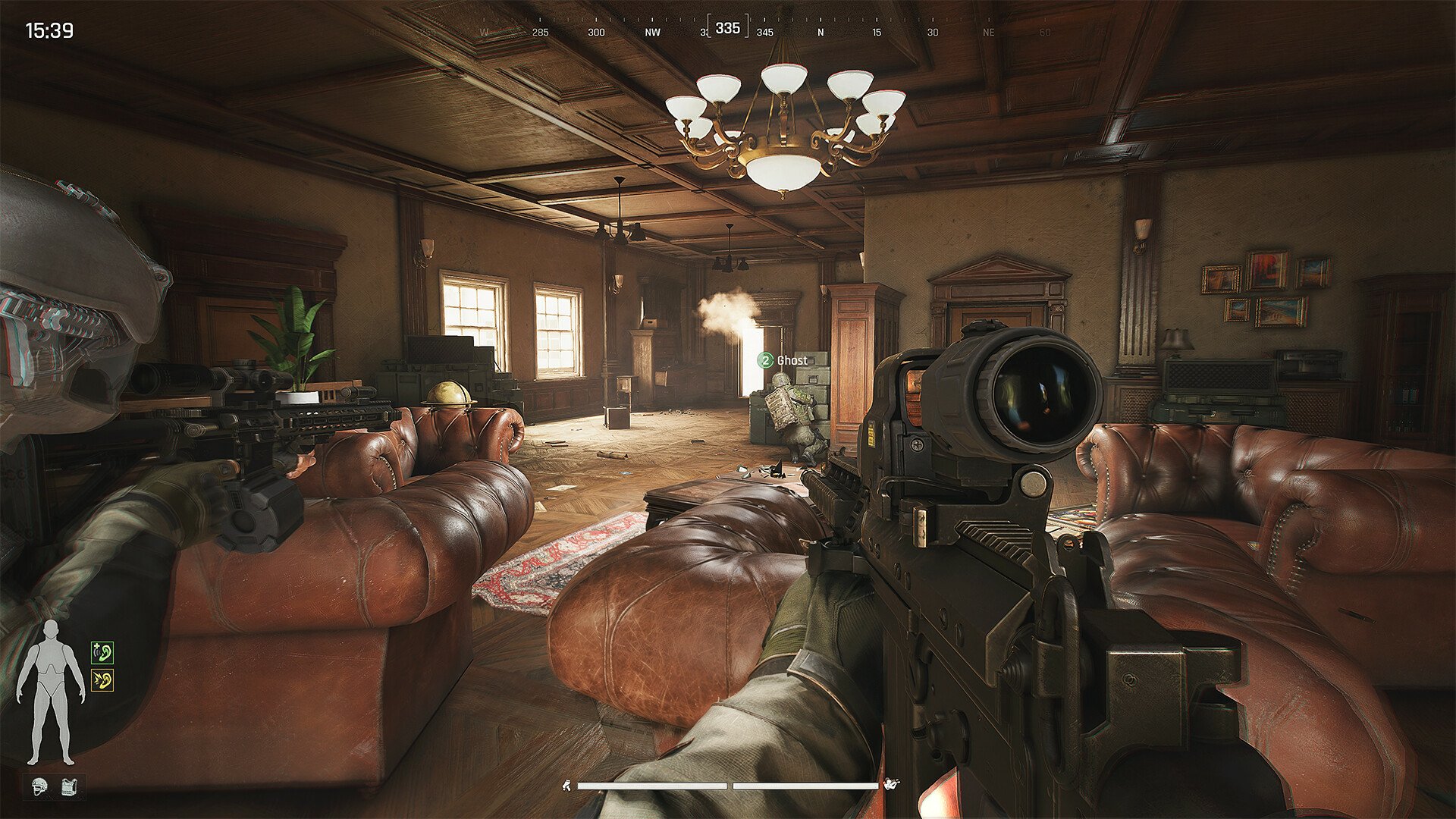 HD desktop wallpaper of the video game Arena Breakout: Infinite, depicting a detailed room with armed characters in a standoff, surrounded by leather furniture and wooden interior details.