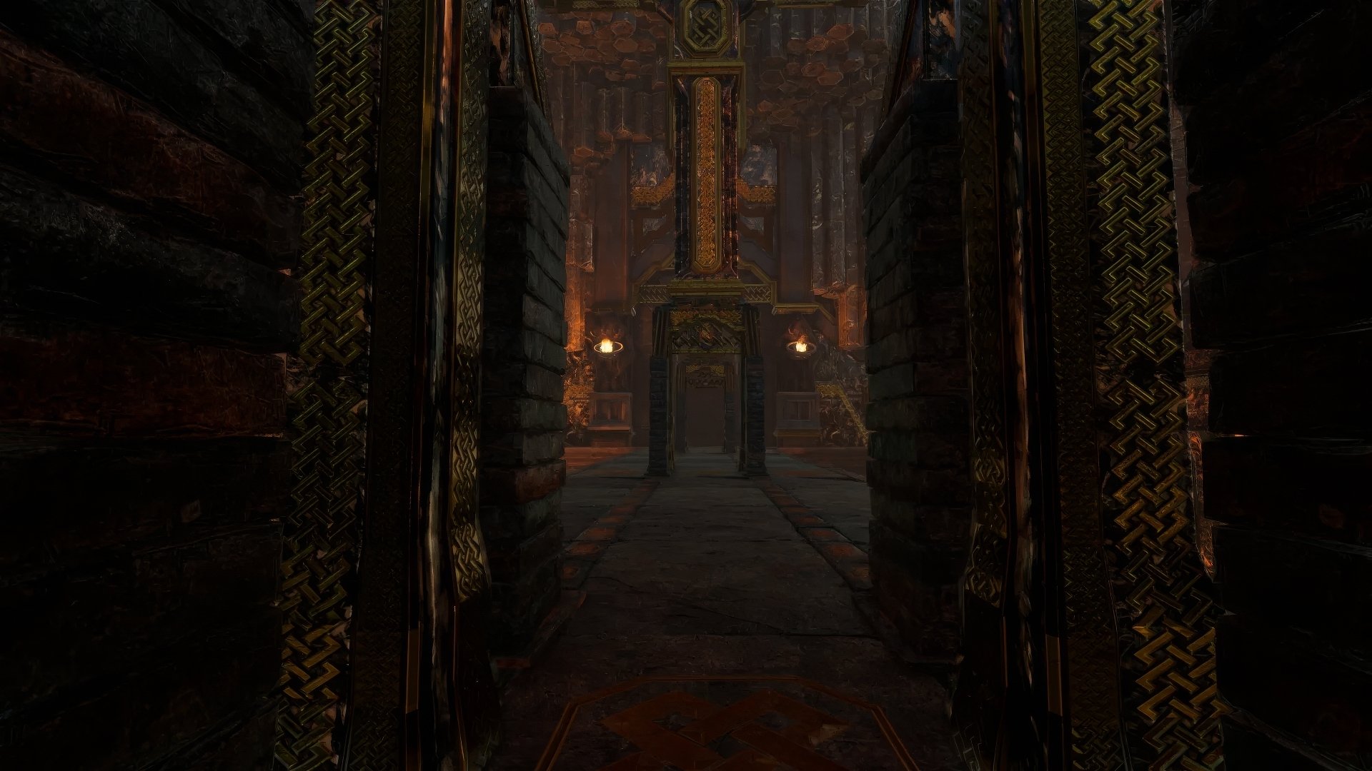 A high-definition desktop wallpaper featuring a dark, intricately designed hallway from the video game Rise Online. The image showcases detailed textures and ambient lighting in a mysterious setting.